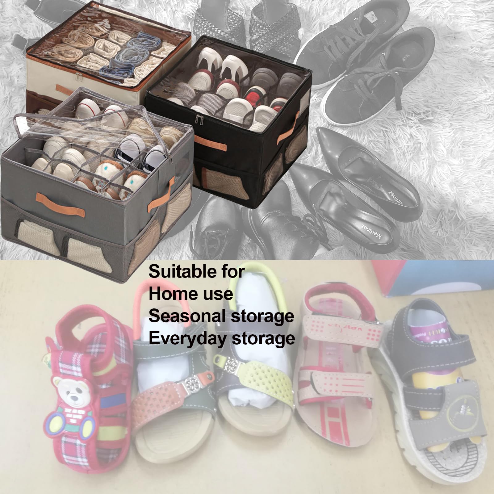 Scatola porta scarpe 16 compartimenti pieghevole in tessuto 600D Oxford con coperchio PVC trasparente,Salvaspazio per scarpe e accessori,Impilabile,Armadio,Ingresso,Appartamento piccolo (Grigio)