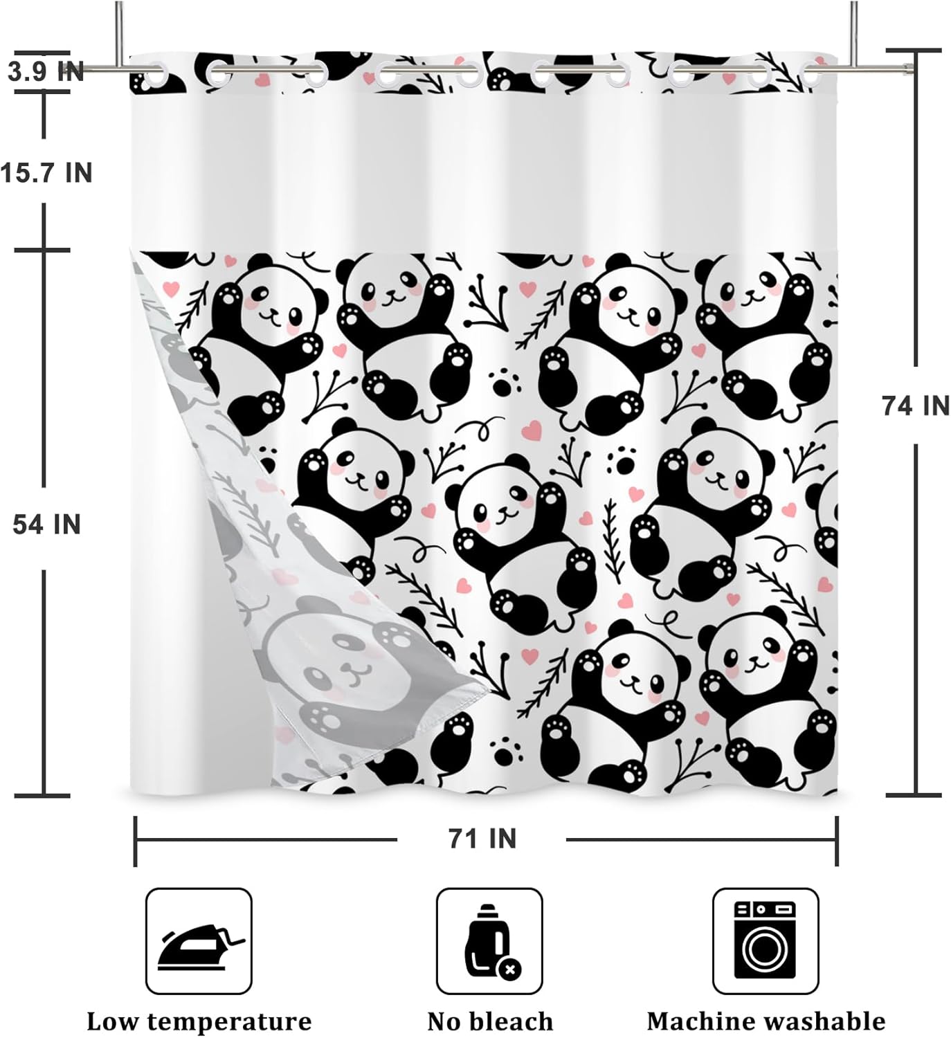 Baocicco Lovely Panda No Hook Shower Curtain with Snap in Liner Cute Black White Animal Kids Hotel Style Bathroom Curtain with Liner and See Through Top Window Bathroom Decor Set 71x74 Inch