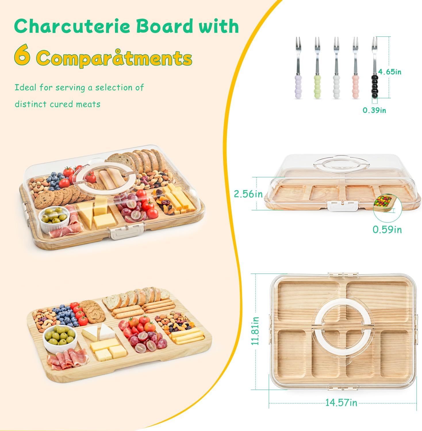 Charcuterie Board with Lid, Durable Travel Charcuterie Board, Charcuterie Tray with 6 Compartment for Cured Meats, Fruits, Candy, Veggie, Charcuterie Container with Portable Insulated Bag & 5 Forks