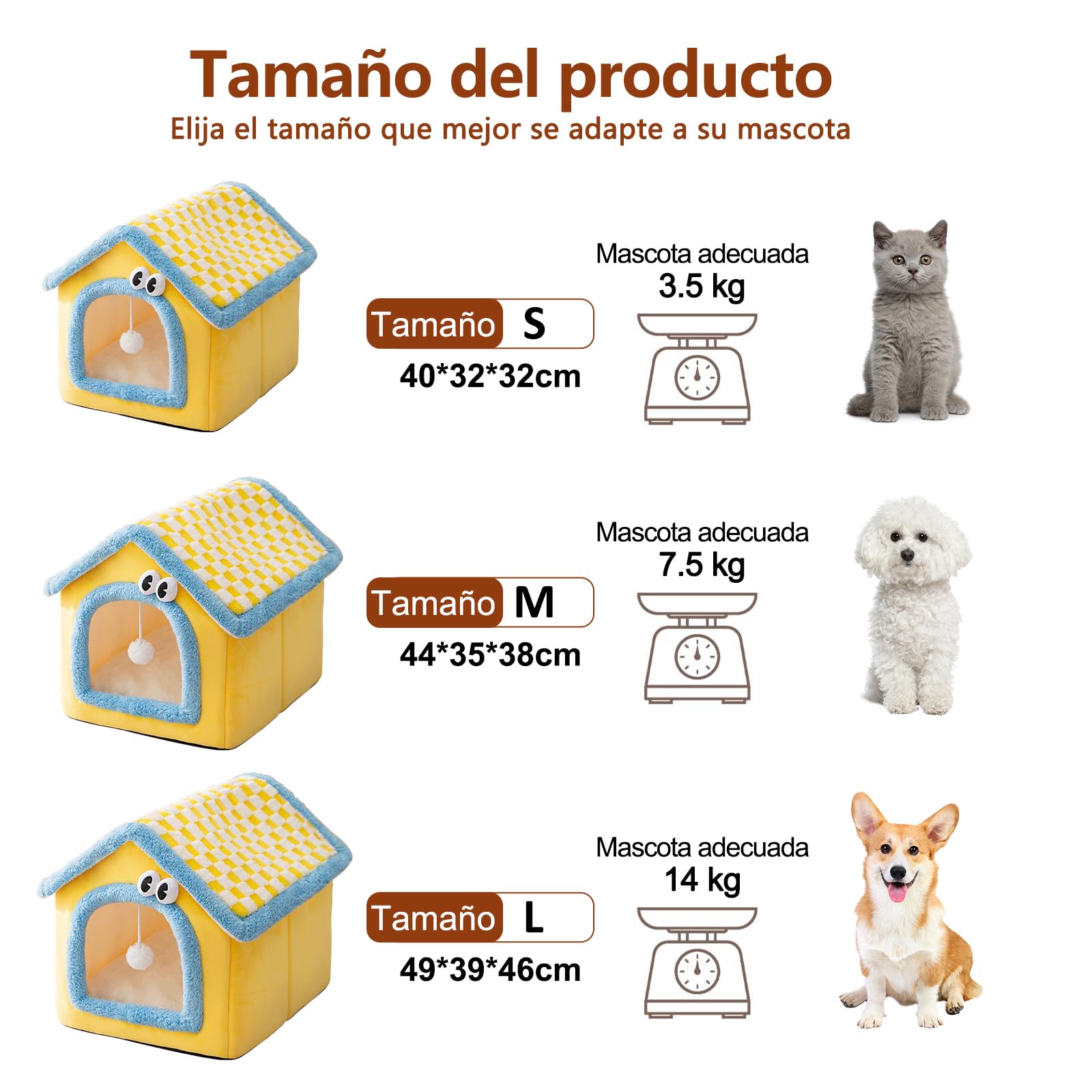 Galatée Casa para Gatos, Linda Cueva con Chimenea, Casa Suave con Dibujos Animados, Cálido Refugio para Gatos, Tienda De Campaña para Perros con Cojín Extraíble(L, Amarillo)