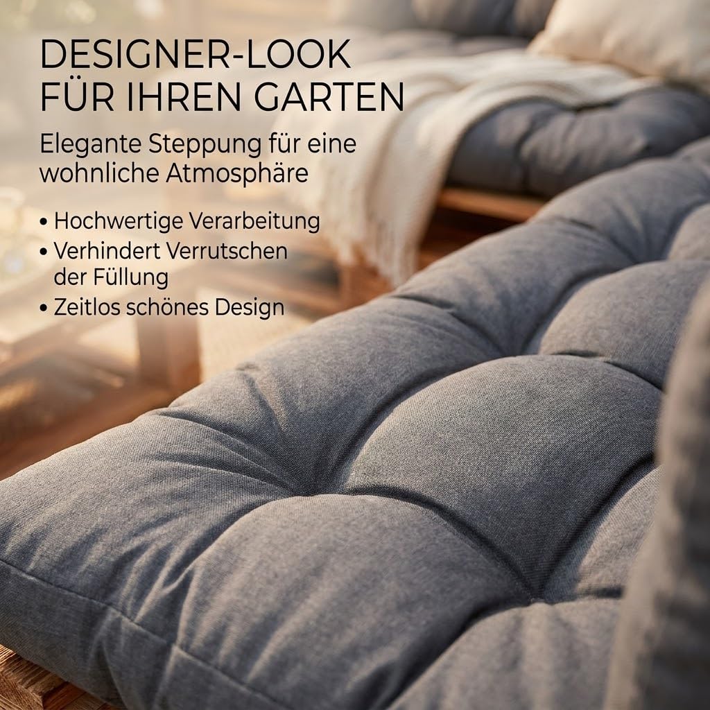 Wool & Home Palettenkissen Set für Gartenmöbel, 8-Teilig, Gesteppt, mit Polsterschaumfüllung, für Lounge, Palettensofa, Terrasse, Balkon und Garten Anthrazit