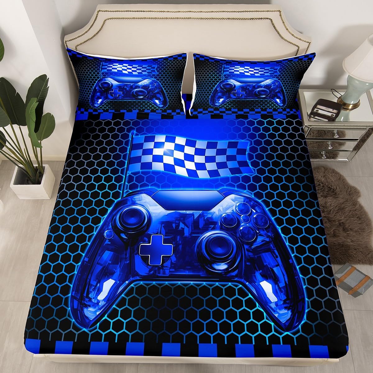 White Black Fashion Modern Style Fitted Sheet Queen Size Kids Gaming Bedding Sheet Set No Top Sheet,Gamepad Gamer Bed Cover Ultra Soft Breathable Bedding 3 Pcs