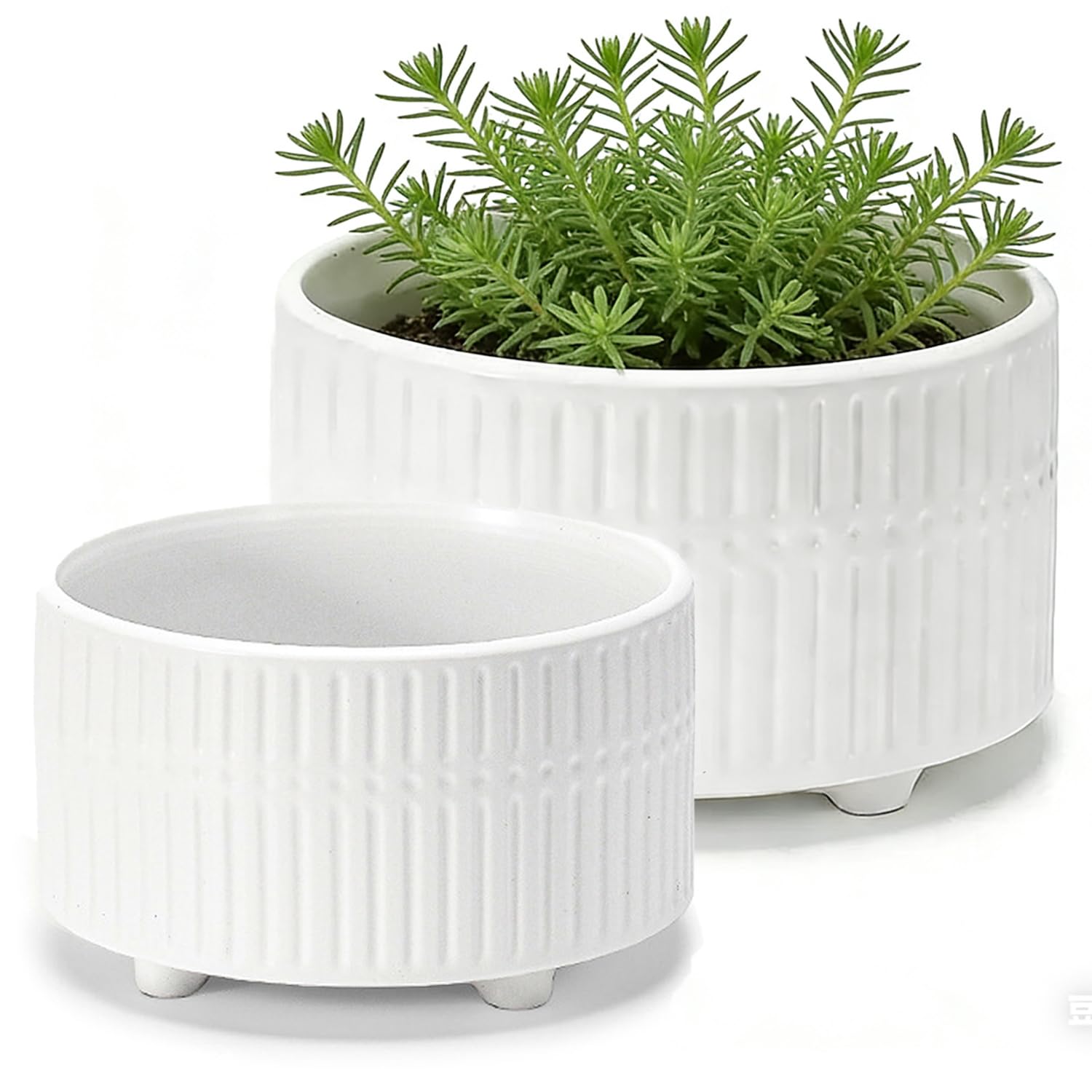 Set of 2 Ceramic Plant Pots, 16.7+20.7cm Ceramic Plant Pots Indoor with Drainage Holes,Modern Striped Decorative Bonsai Pot with Plastic Saucer, Used for Succulent Cactus House Plants, White (M+L)