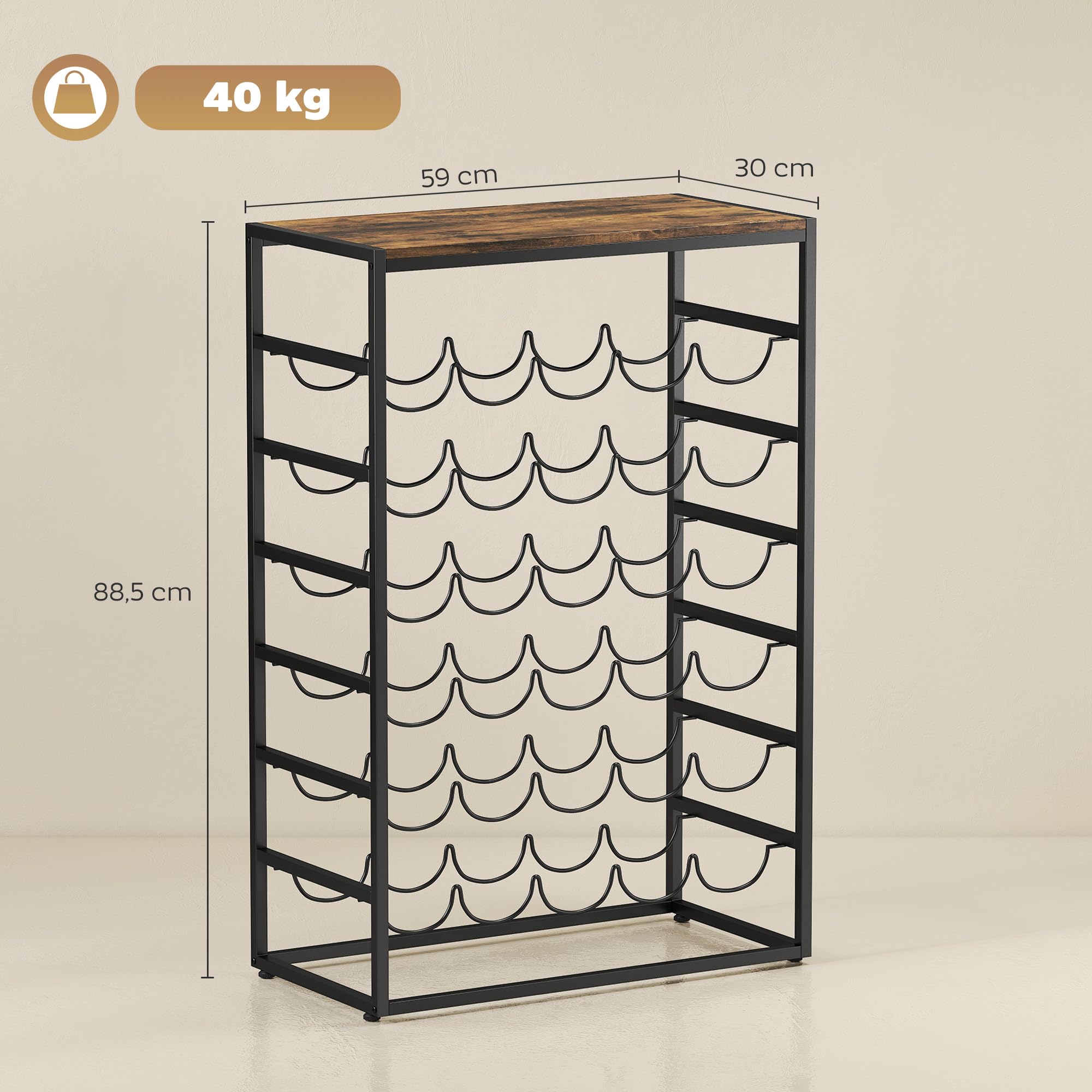 HOMCOM Casier à Bouteilles pour 30 Bouteilles, étagère à vin avec 6 Niveaux avec Plateau Effet Bois, Style Industriel, casier à vin en métal, pour Cave, Bars, sous-sols, 59x30x88,5cm, Brun Rustique