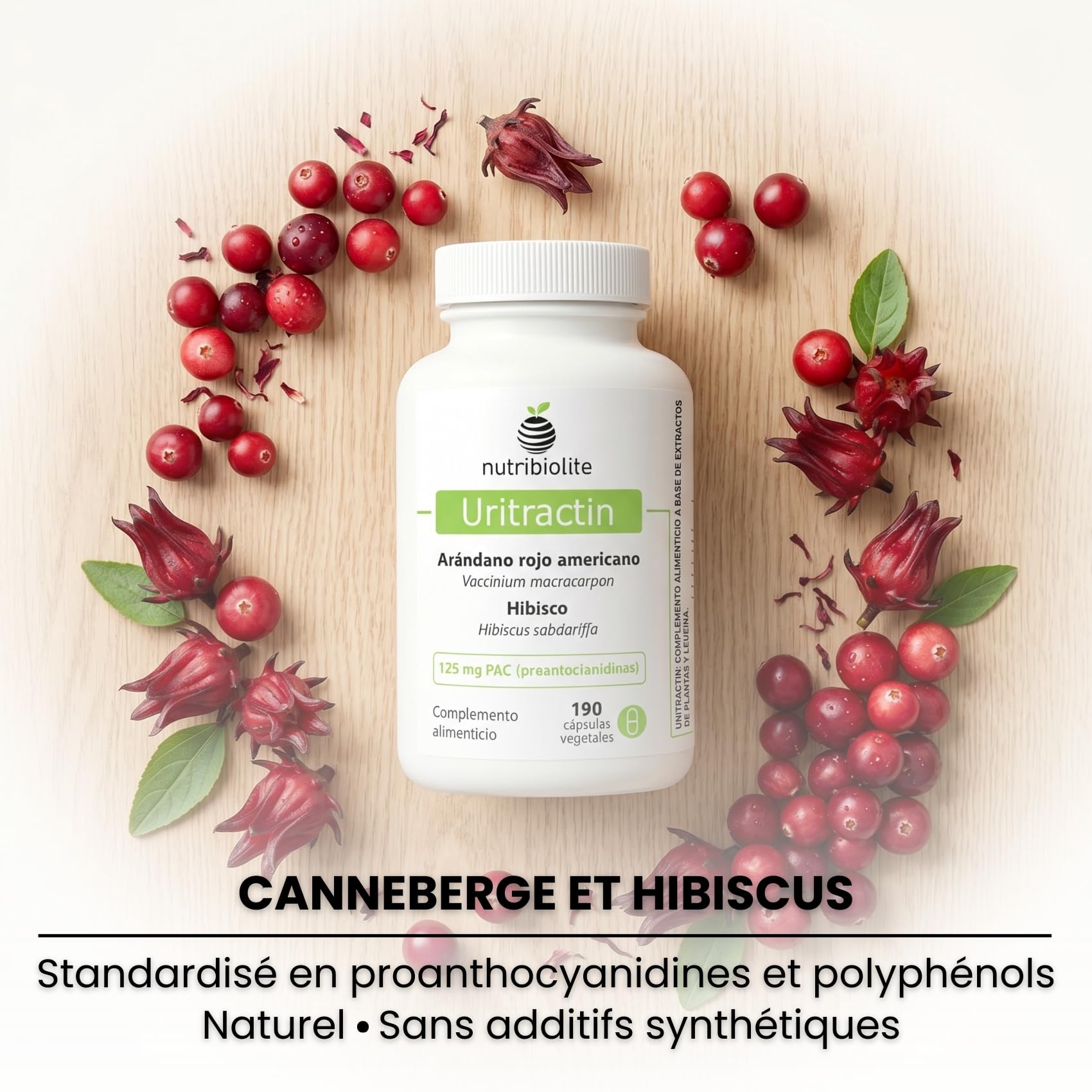 Canneberge gelules Cranberry avec Hibiscus 125 mg de PAC Proanthocyanidines - Confort Urinaire - 190 Gélules - Sans Additifs +6 Mois | Uritractin Nutribiolite