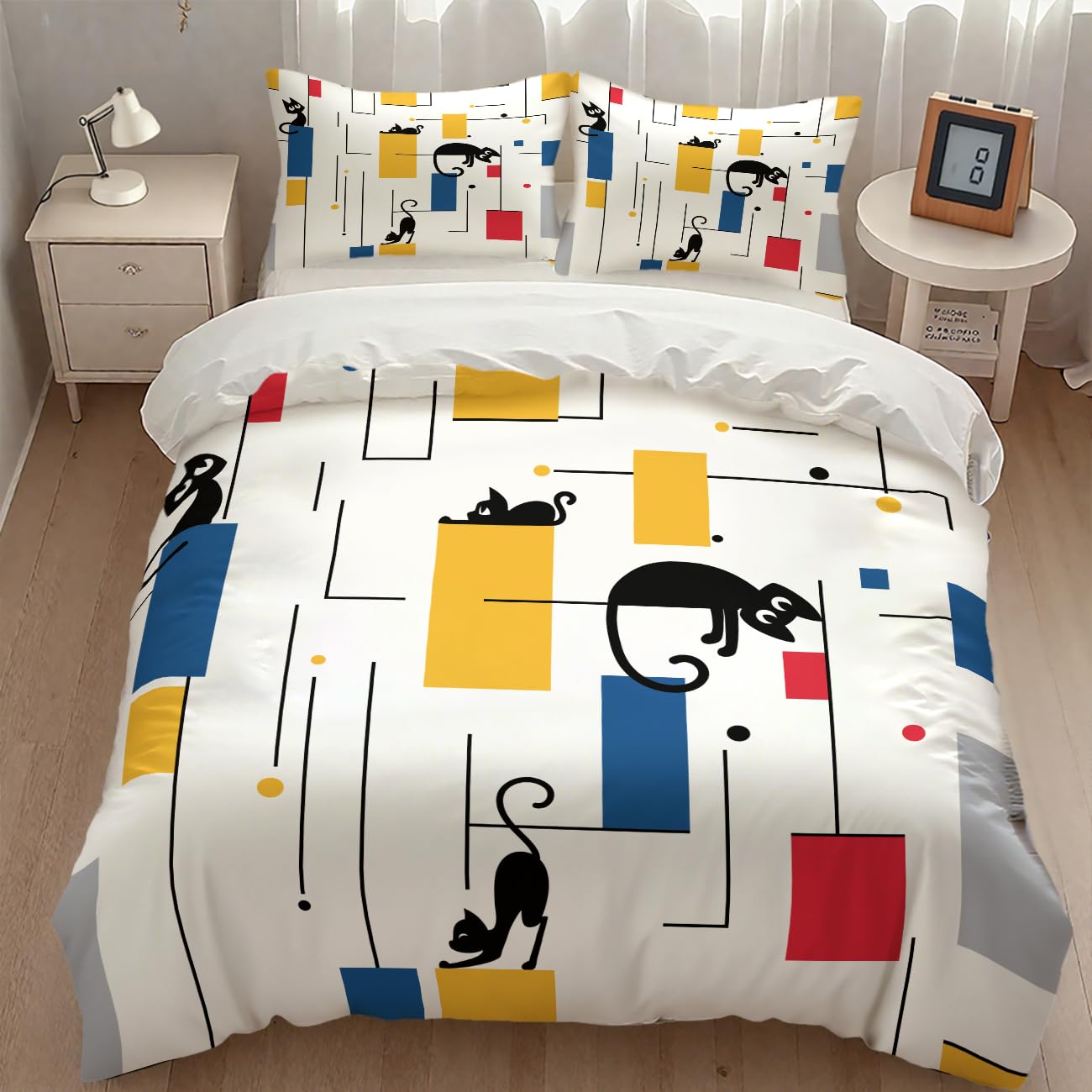 Mid Century Bedding Set,Retro Black Cat 1950s 1960s Abstract Atomic Colorful Geometric Pattern Modern Comforter Set with Pillowcase for Bedroom Bed Decor,Full 79"x90"