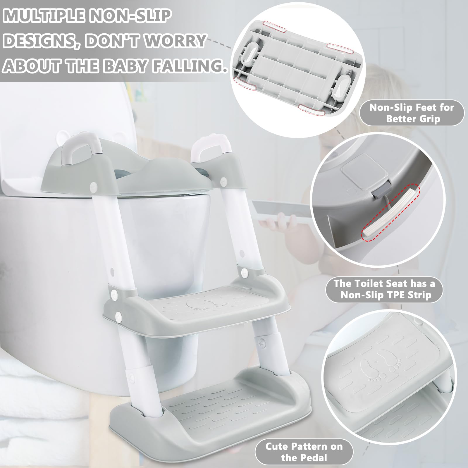 FAMKEEP Réducteur Toilette Enfant avec Escalier,Abattant WC Antidérapant Échelle Réducteur,Pliable et Réglable,Siège de Toilette Enfant avec PU Coussin Moelleux,Adapté Toilettes en Forme de V, U, O