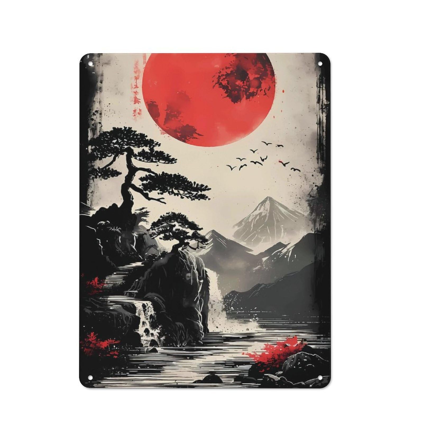 Junmoney Japanese Red Moon Rustic Tin Sign 40X30cm For Living Room Or Hallway, Suited To Living Room Decor Lovers