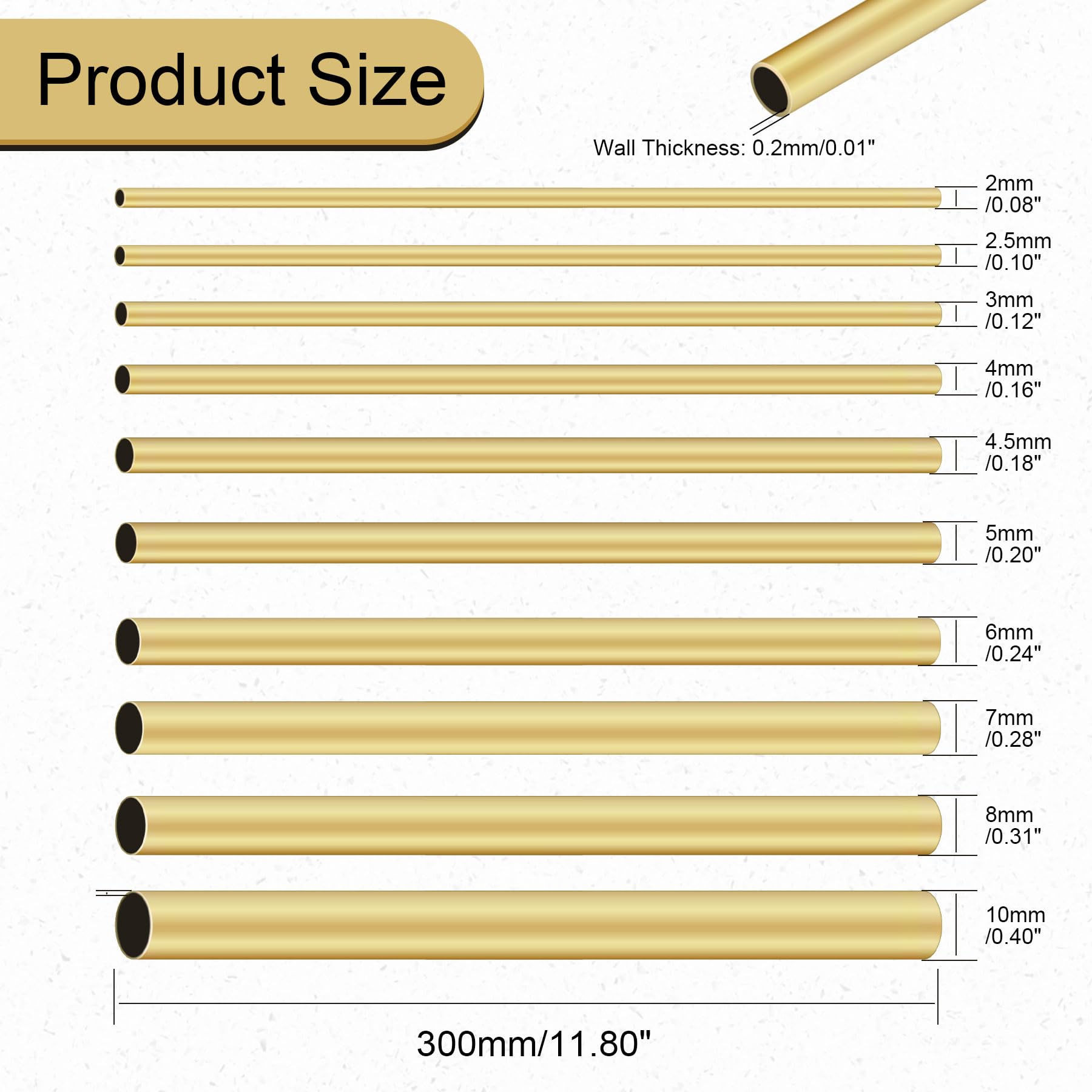 Lot de 10 tubes ronds en laiton, 2 mm, 2,5 mm, 3 mm, 4 mm, 4,5 mm, 5 mm, 6 mm, 7 mm, 8 mm, 9 mm de diamètre extérieur x 0,2 mm, épaisseur de paroi 300 mm de longueur