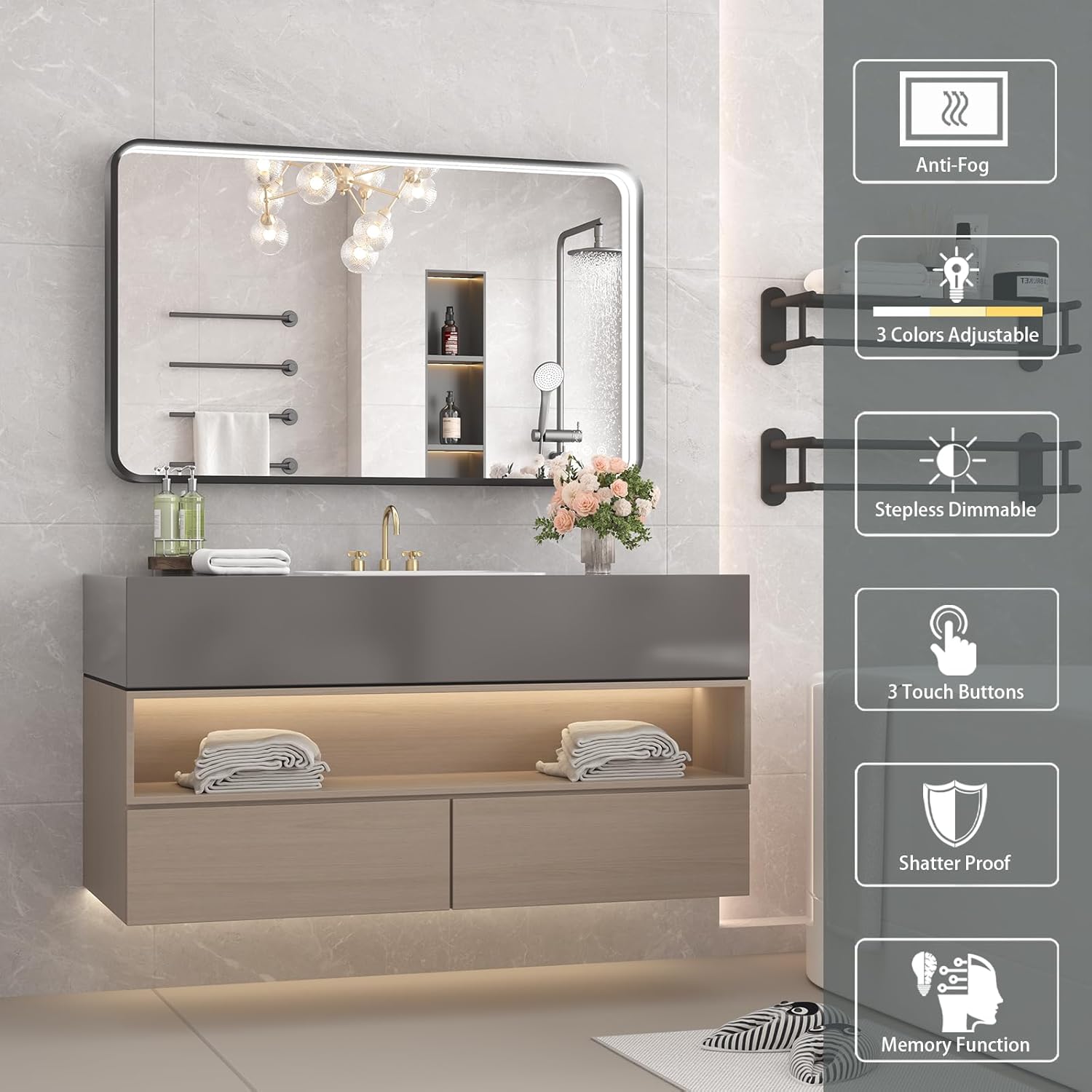 40x24 Inch LED Bathroom Mirror with Lights, Black Metal Framed LED Mirror for Bathroom, 3 Colors and Stepless Dimmable Wall Mounted Lighted Bathroom Vanity Mirror, Anti-Fog, Memory