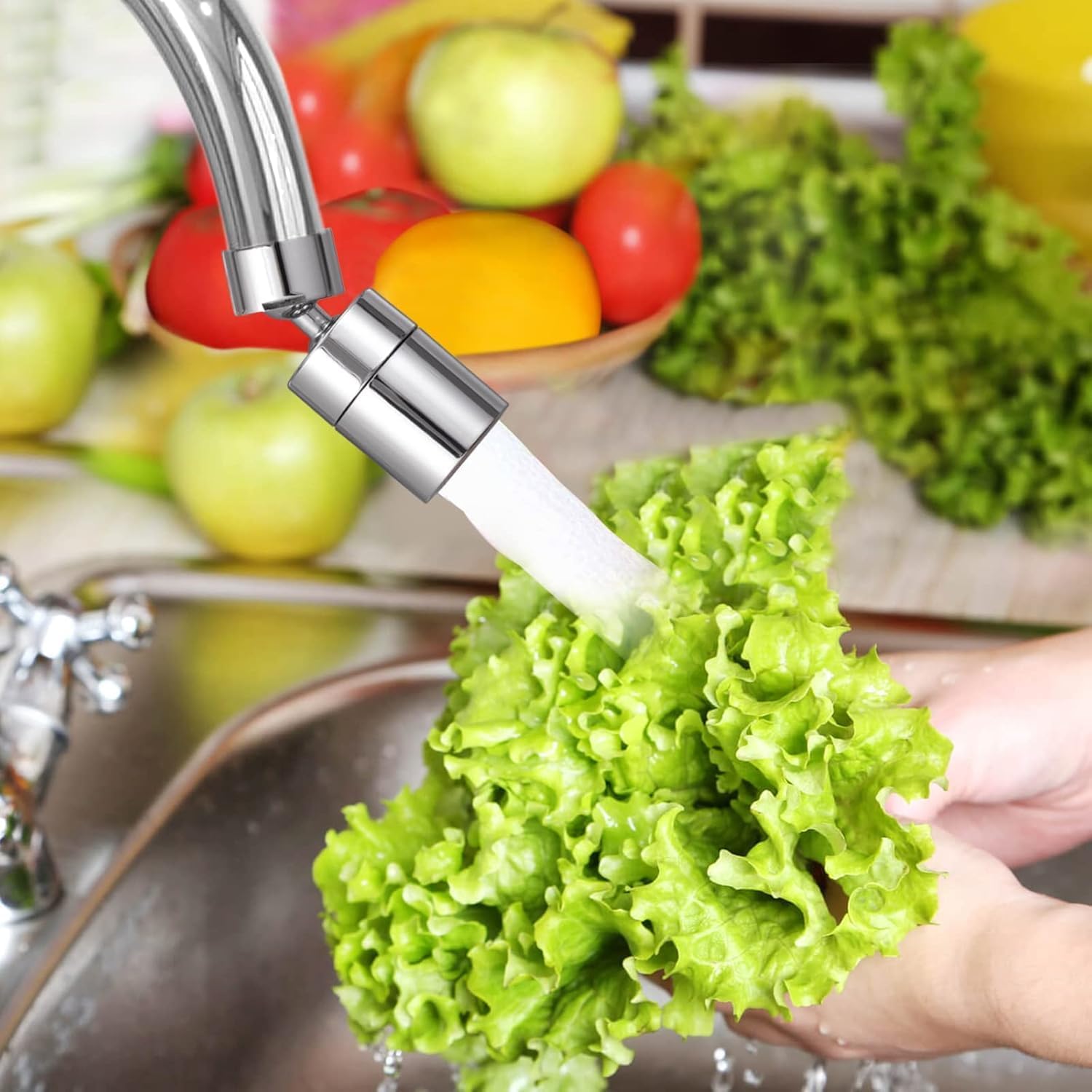 Cabezal Rociador Grifo Cocina,360° Giratorio Boquilla Extensión de Grifo 2 Modos con Aireador Antisalpicaduras Adaptador Universal para Fregadero y Lavabo Plateado