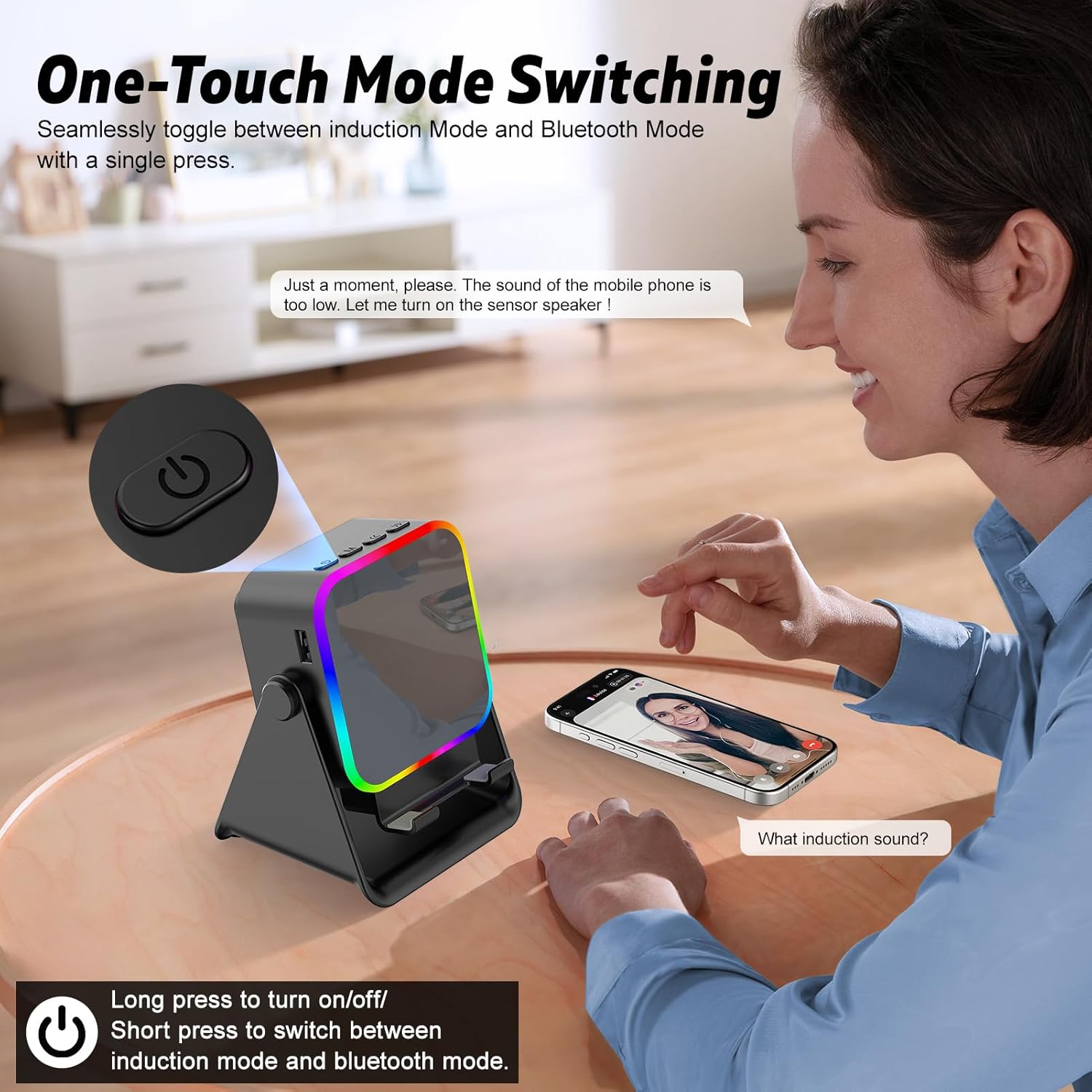 TARKARI Wireless Induction Speaker, 5 in 1 Bluetooth Speaker with Phone Stand, Charging Function 360° Rotation Phone Holder Compatible with iPhone Android iPad Samsung, Birthday Gifts for Men Women - Image 5