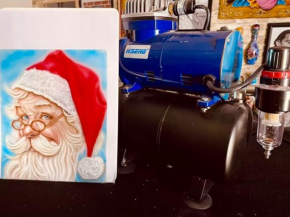 Hseng Multi-Purpose Airbrush Kit with a 1/5 HP Single Cylinder Piston Low Noise (47db) Air Compressor,3.0L Air Storage Tank, for Large Surface Art Painting, Helmet Paiting,Craft, etc.