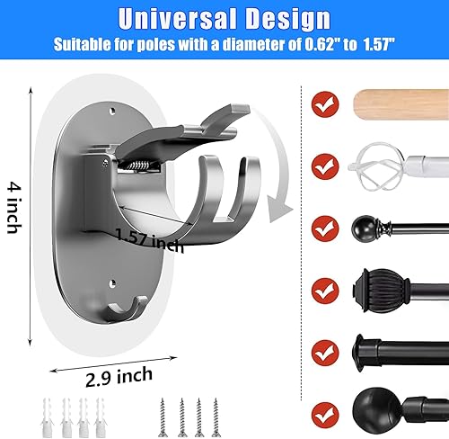 Miniatura 3 de Paquete de 2 soportes para barra de cortina sin taladro, autoadhesivos, sin perforación, ganchos para barra de cortina, ganchos ajustables para
