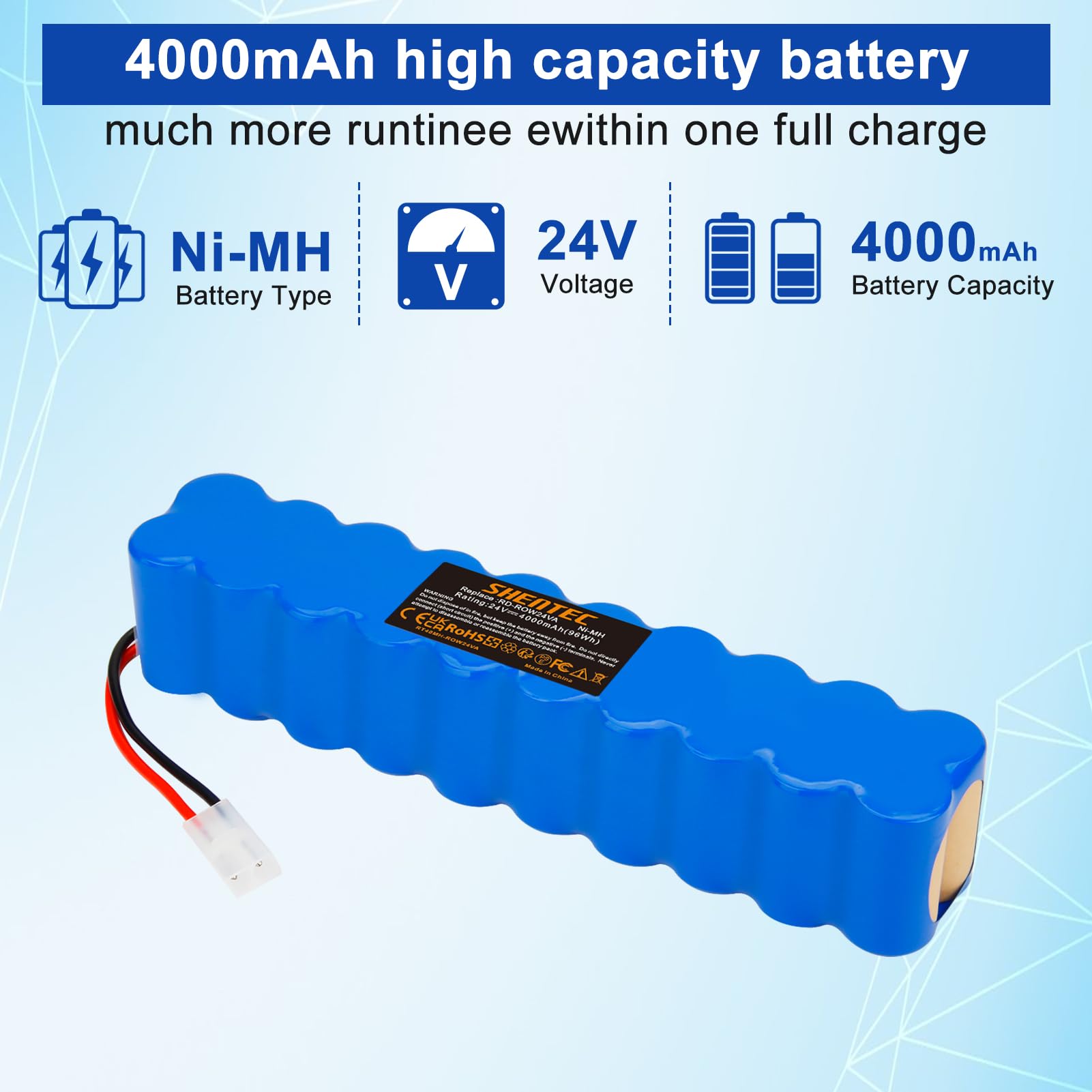 Shentec Batería Ni-MH de 24 V, 4000 mAh, Compatible con Rowenta Air Force Extreme RH8770, RH8770WU, RH8770WU 2D 1 Aspiradora Home Cleaner Robot doméstico