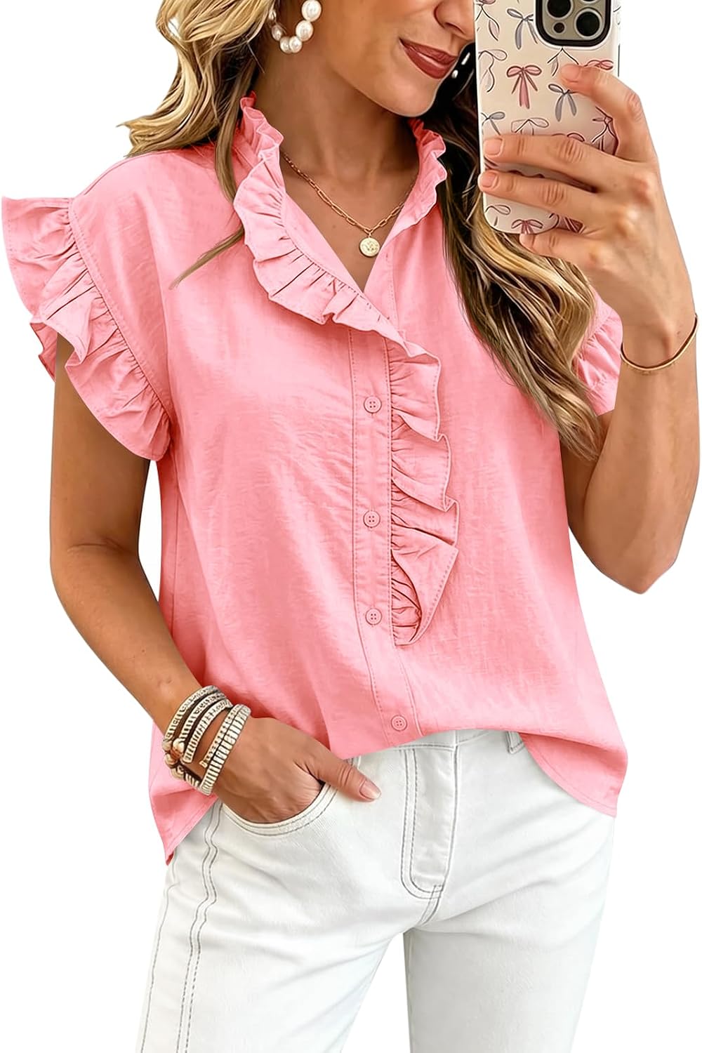 Tankaneo Womens Ruffle Cap Sleeve Button Down Shirts Summer Dressy Casual Blouses Loose Fit Cute Tops