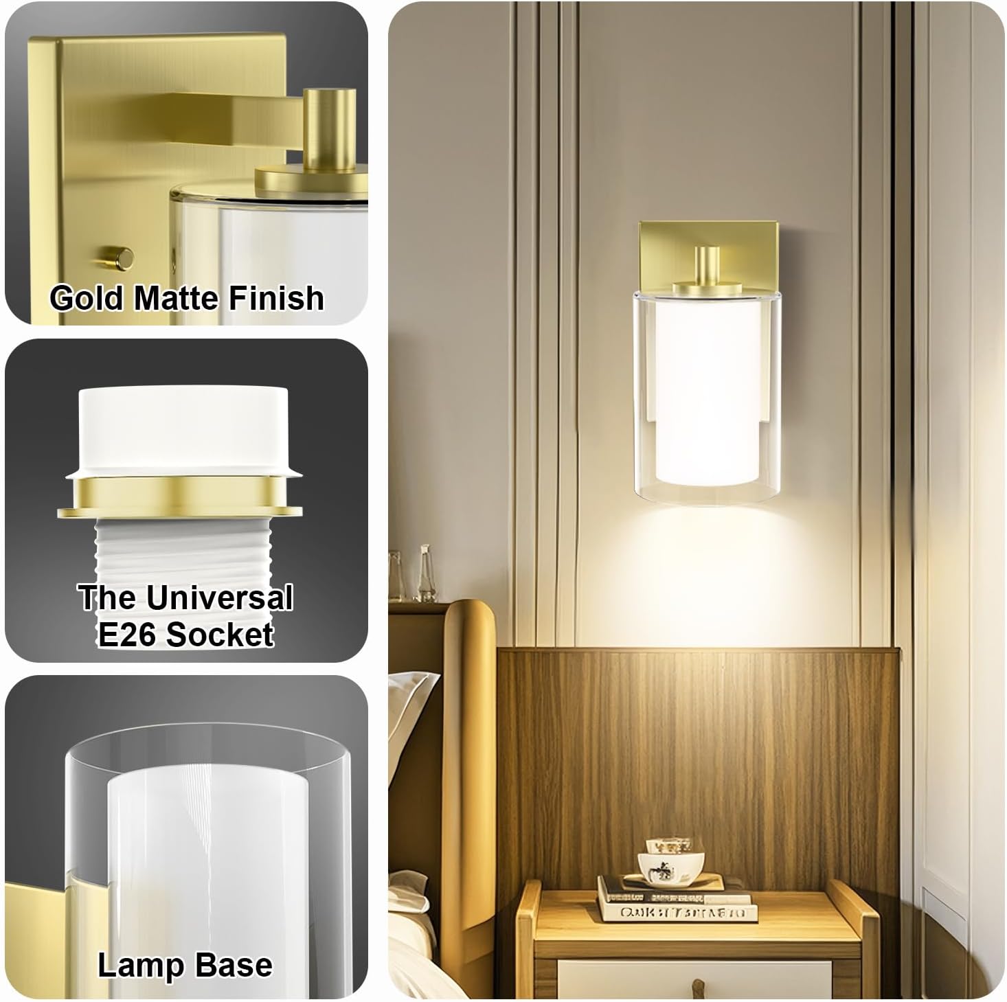 Wall Sconces Set of Two: Bathroom Sconce of 2, Gold Vanity Fixtures with Double Clear Glass Shade, E26 Base Hardwired Farmhouse Wall Lights for Bedroom Living Room Bathroom (Bulb not Included)