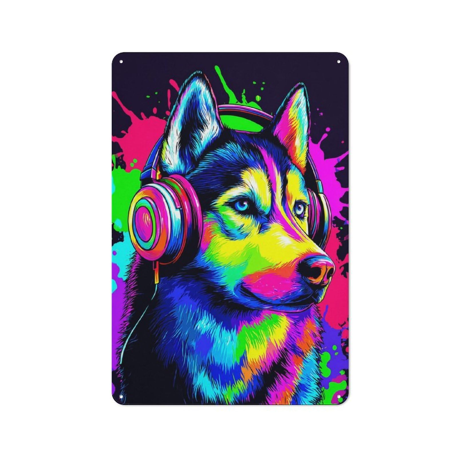Metal Sign 30x20cm with Colorful Husky with Headphones -1 for Pub Or Café, Vintage Decor, for Metal Sign Collectors, for Garage And Workshop Walls