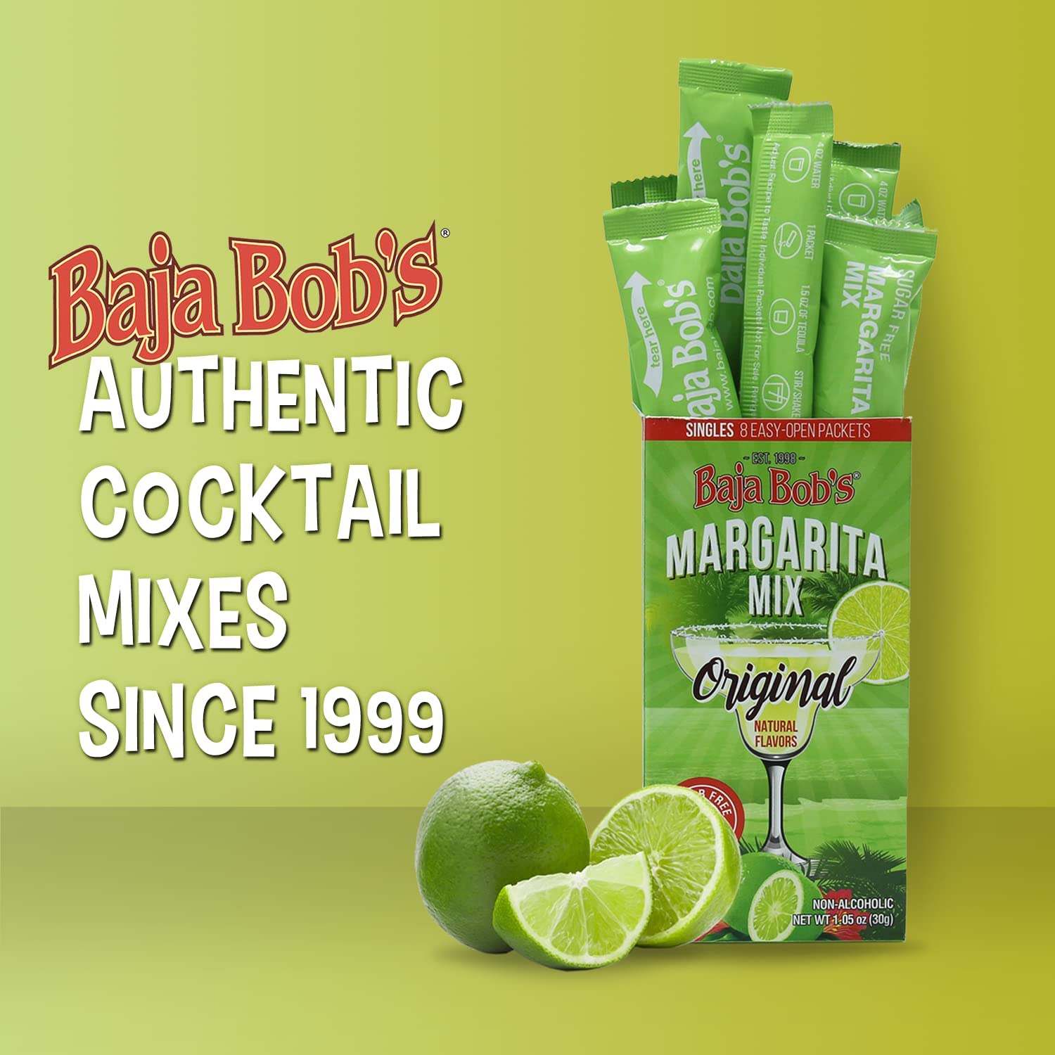 Baja Bob's Mezcla de cóctel Margarita, individual, sin azúcar y baja en carbohidratos, 8 paquetes por caja