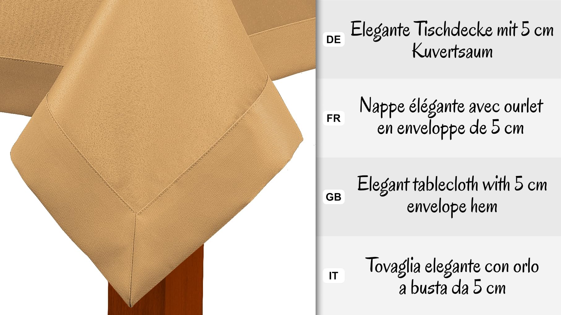 Tischdecke Classic Elegance Honigfarben 130x170 cm, Uni Glatt Elegant mit 5 cm Kuvertsaum Fleckabweisend mit Lotuseffekt 100% Polyester, O5 H200 342