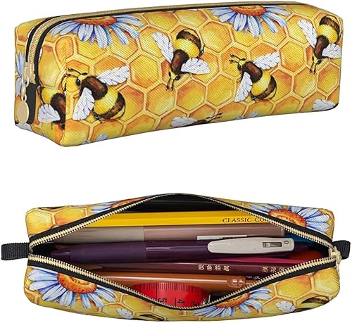 IMPCOKRU Bolsa Pequeña para Lápices, Bolsa de Lápices de Estudio, Estuche para Llaves, Abeja y Colmena Dorada, Estuche de Almacenamiento de