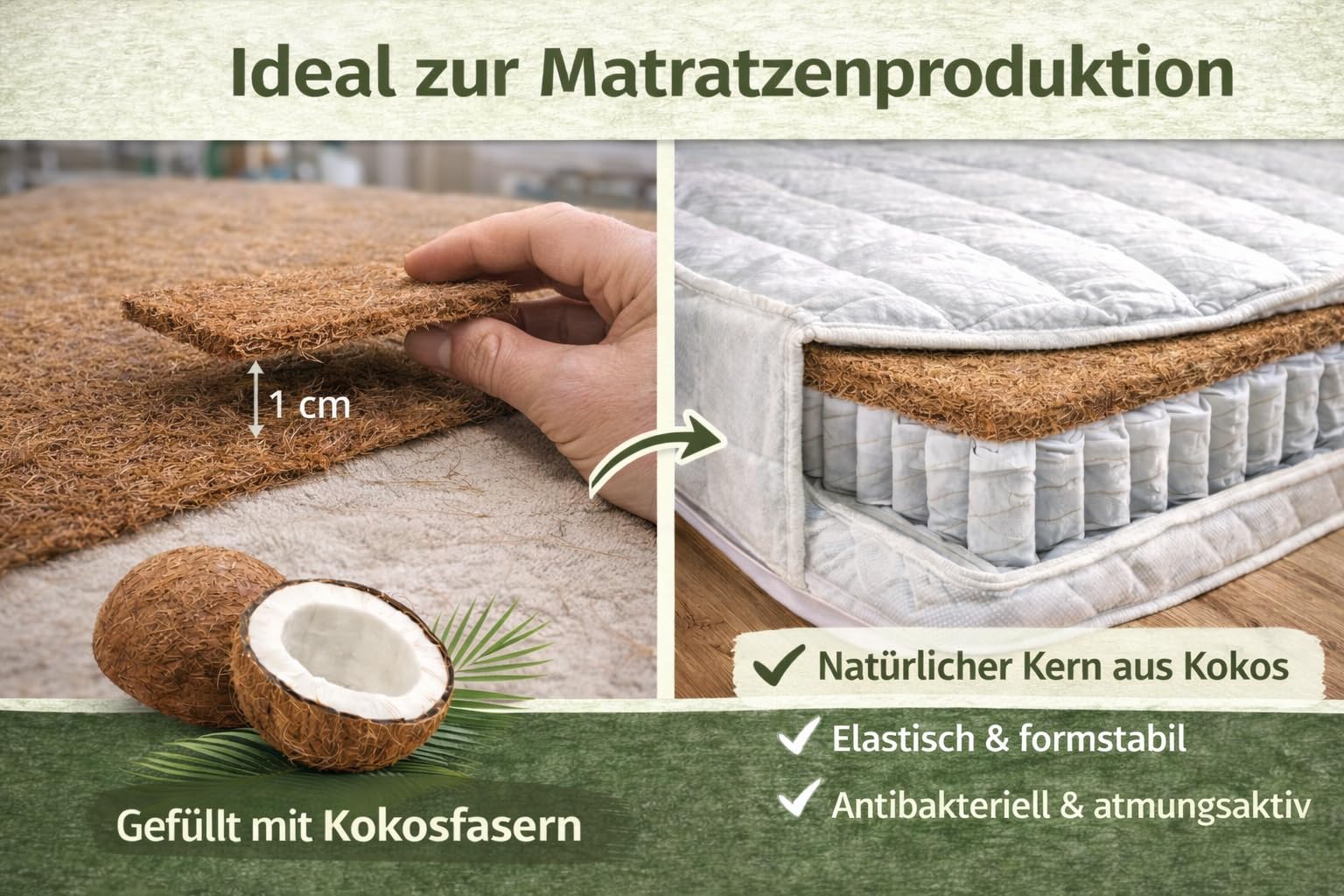 Kokosfasermatte 200 cm Breite – Kokosmatte als Matratzenauflage, Winterschutz & Tierunterlage – Naturfaser mit Latexbindung - Garten Bodenschutz – Meterware 5m