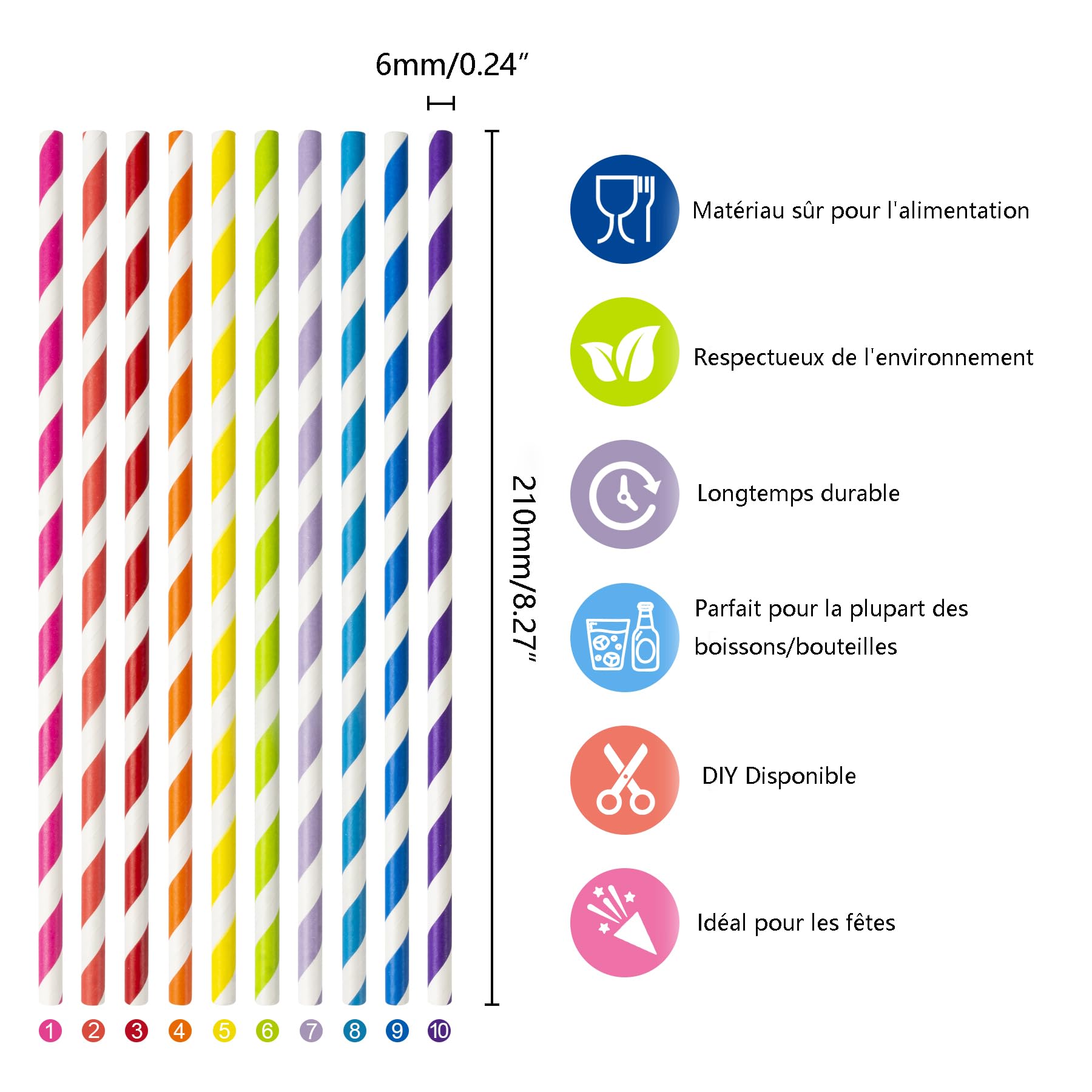 Lot de 100 Pailles en Papier Jetables Arc-en-Ciel 10 Couleurs Vives Ø6 x 210mm