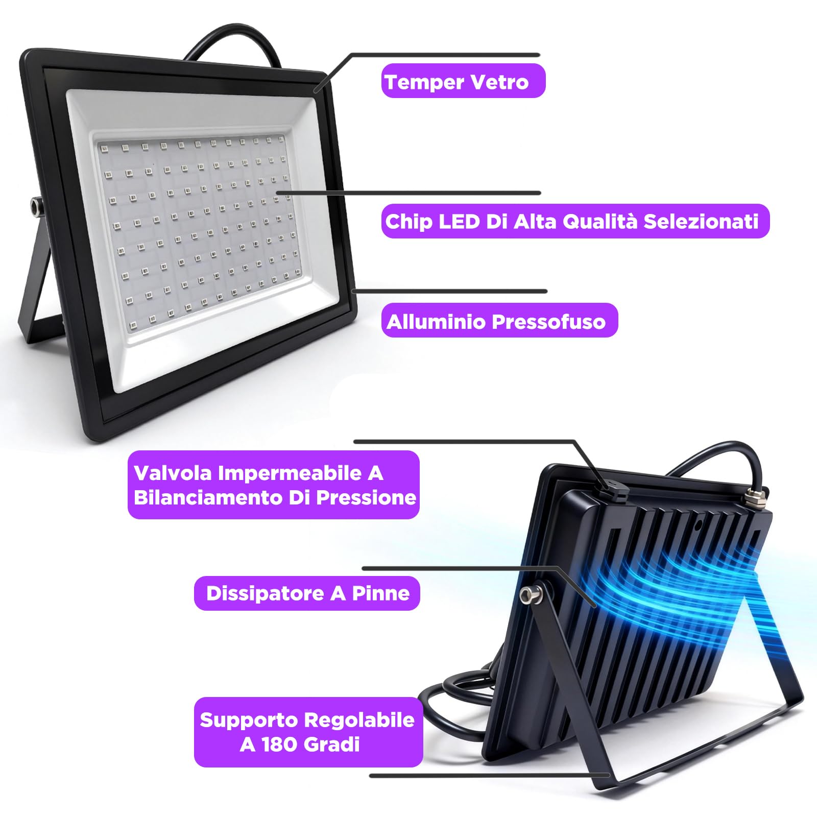 100W Proiettore a Luce Nera，IP66, 395-400nm | Robusto, impermeabile, versatile – eventi, palchi, feste, body art. Halloween e Natale. (2 pezzi)