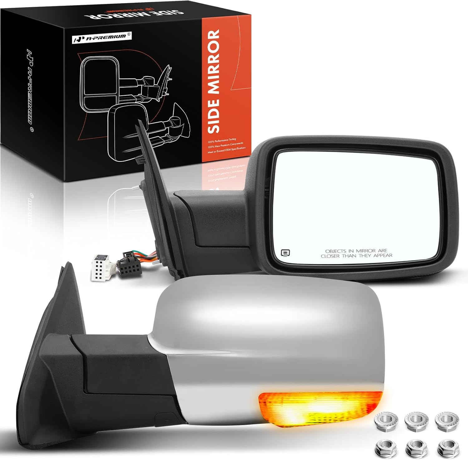 A-Premium Towing Mirrors - Compatible with Ram 1500 2500 3500 4500 5500 2011-2018 & Dodge Ram 1500 2500 3500 4500 5500 - Manual Folding Heated Chrome - with Power Glass Turn Signal - Pair Set