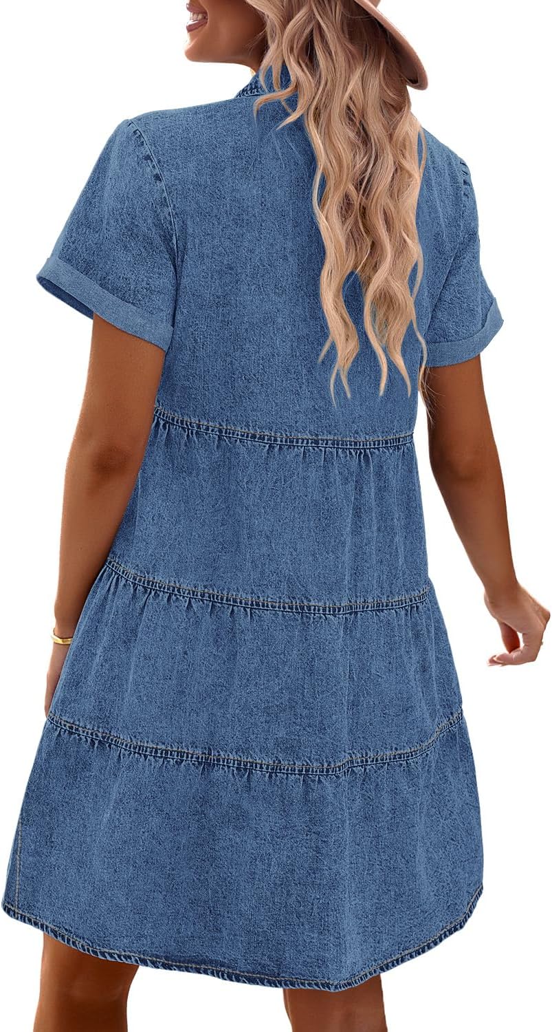 GRAPENT Denim Dress for Women Babydoll Tiered Short Sleeve Button Down Jean Shirt Dresses - Image 2