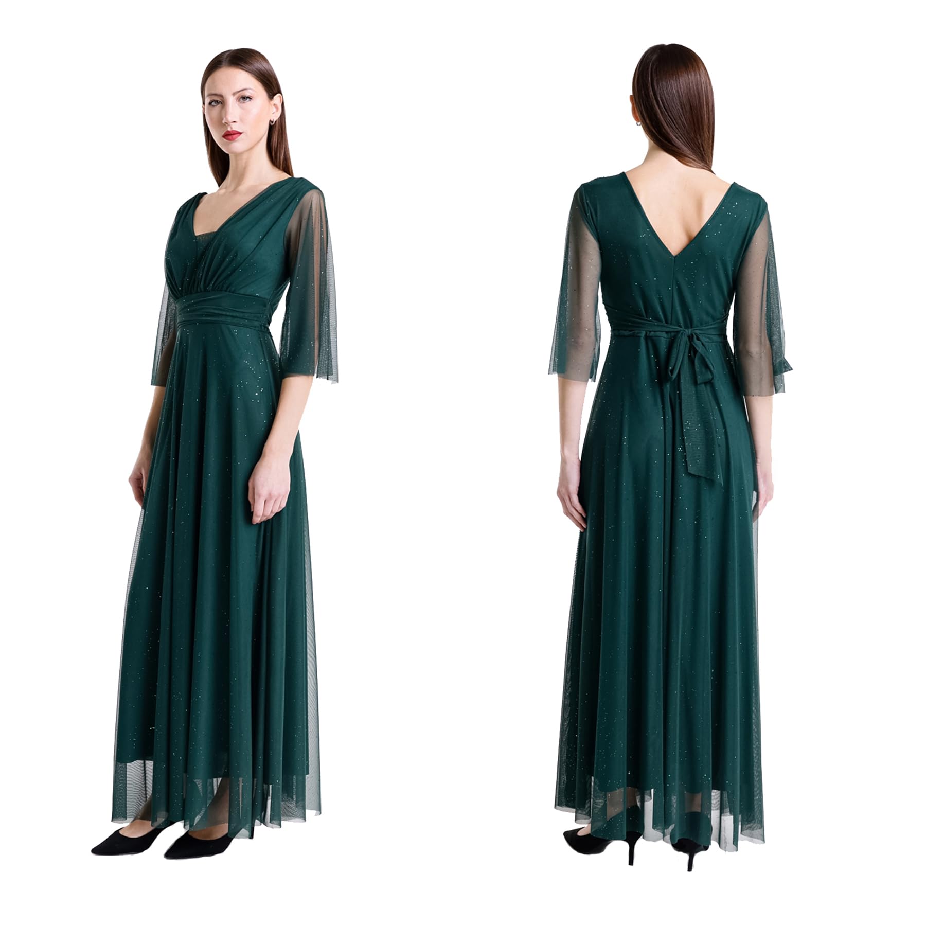 Vestido largo elegante para mujer, de ceremonia, mangas 3/4 y cuello en V, talla única ajustable, ideal para bodas, eventos y fiestas. Fabricado en Italia