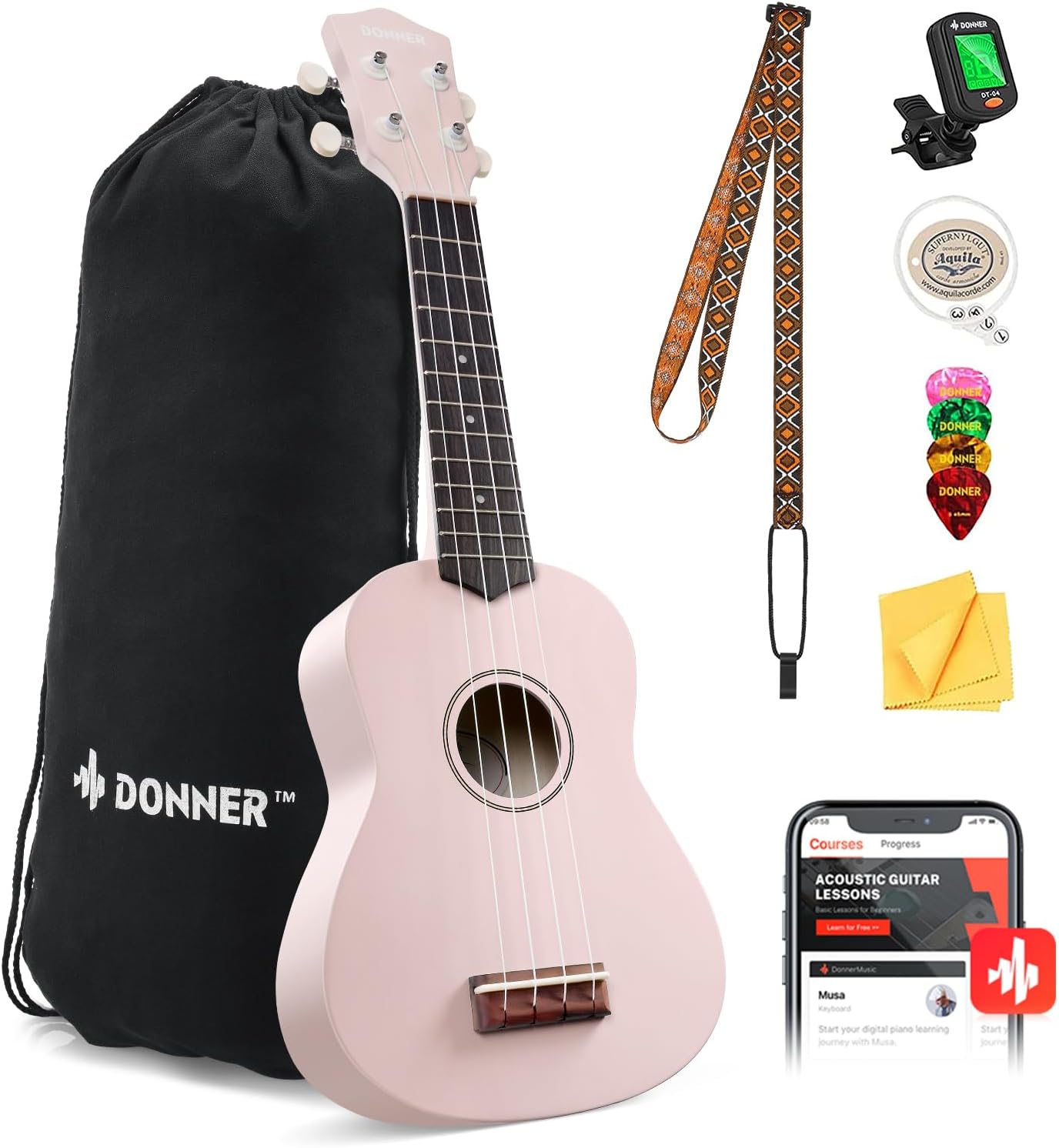 Donner Soprano Ukulele for Beginner 21 Inch Matte Ukulele Beginner Kit with Bag Strap Tuner Strings Picks Cloth, Free Online Lessons, Kids Holiday Christmas & Birthday Gift (Light Pink)