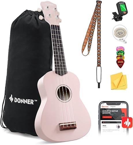 Miniatura 79 de Donner Ukelele soprano para principiantes, ukelele mate de 21 pulgadas, kit para principiantes con correa para bolsa, afinador, cuerdas, púas