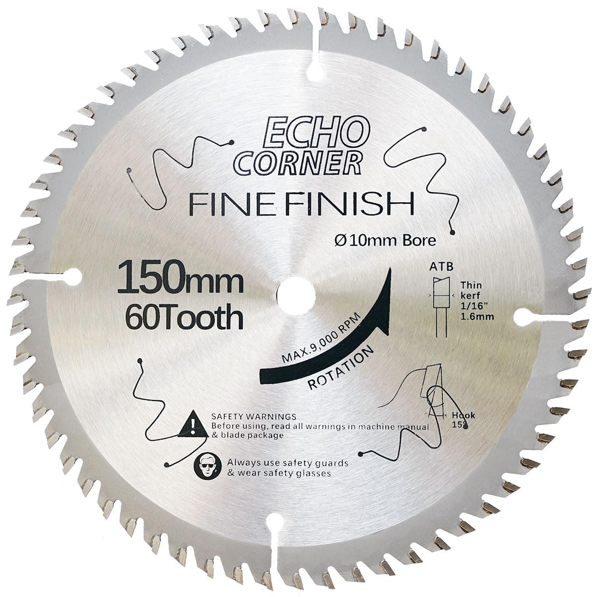 150mm (10mm Bore) 60T Fine Finish Wood Plywood MDF Plastic Veneer Lumber Laminate for Circular Saw