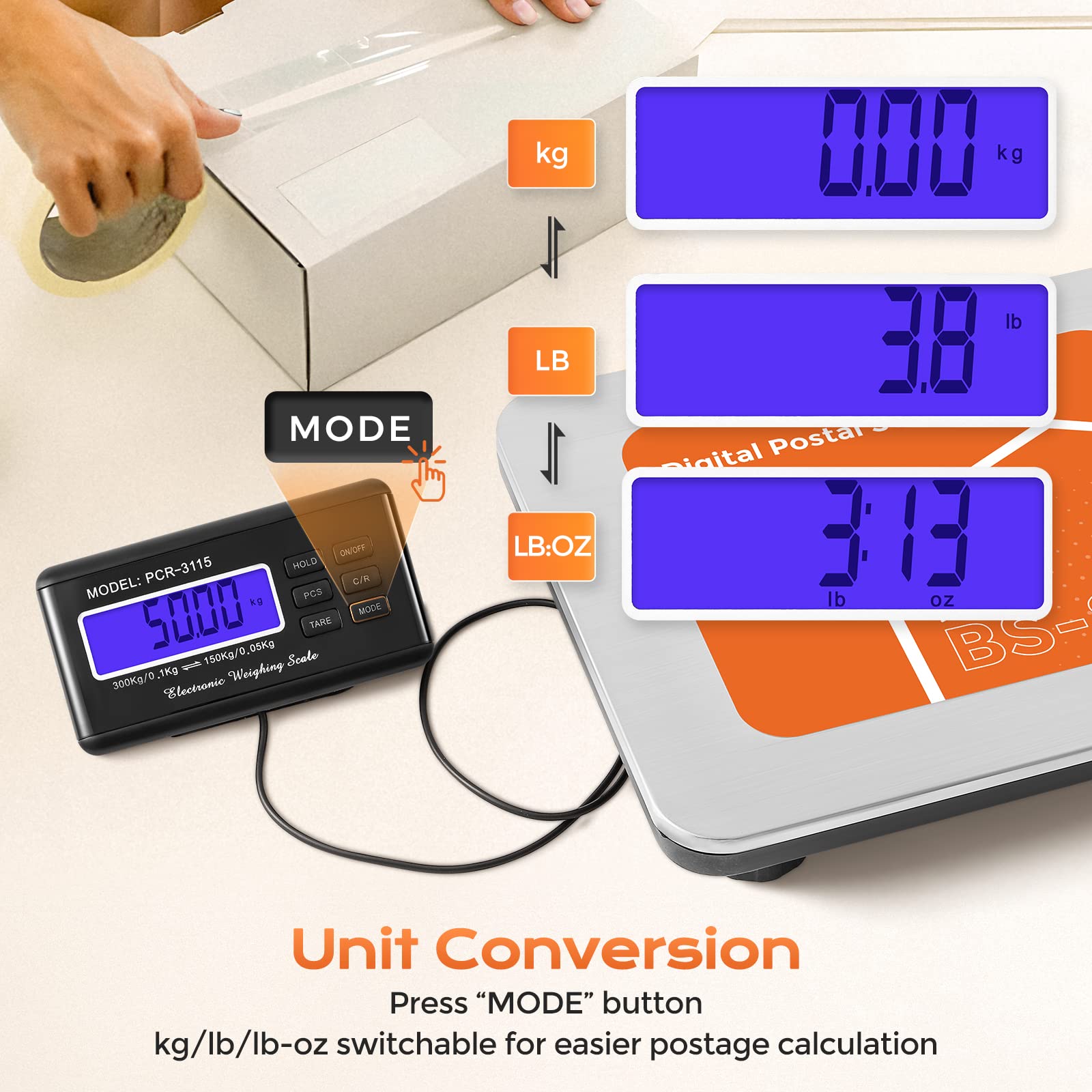 Bonvoisin Báscula para Paquetería Digital 300kg/660lb Balanza para Envíos de Paquetes con Pantalla LCD Grande, 4 pilas AA y adaptador de corriente incluidos, kg/oz/lb conmutable, 36cmx30cm