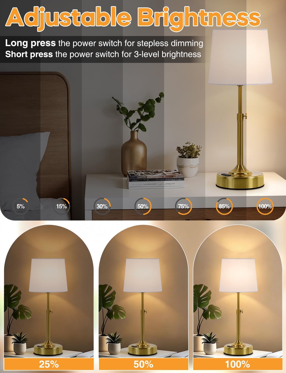 Height Adjustable Rechargeable Table Lamp with Timer, Dimmable Cordless LED Desk Lamp, 4000mAh Battery Operated Table Lamps, Gold Wireless Touch Nightstand Lamp for Kitchen Counter Coffee Table Office