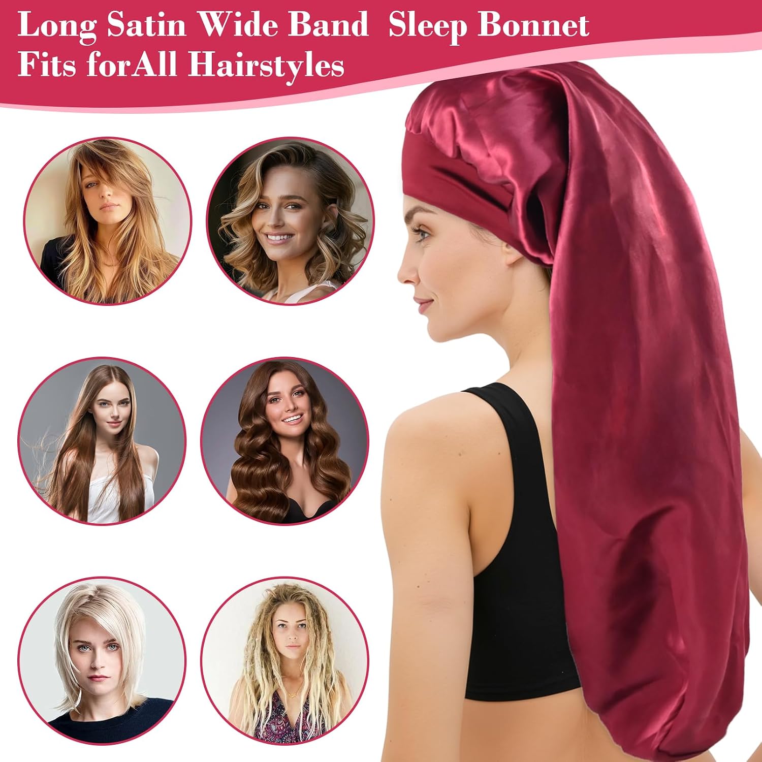 2 Pcs Long Hair Satin Bonnet Bonnets for Women Comfortable Bonnet Satin Sleep Bonnet Wide Elastic Band Silk Night Sleep Hat Satin Silk Bonnet for Braids/Curly/Long Hair（Black+Burgundy）