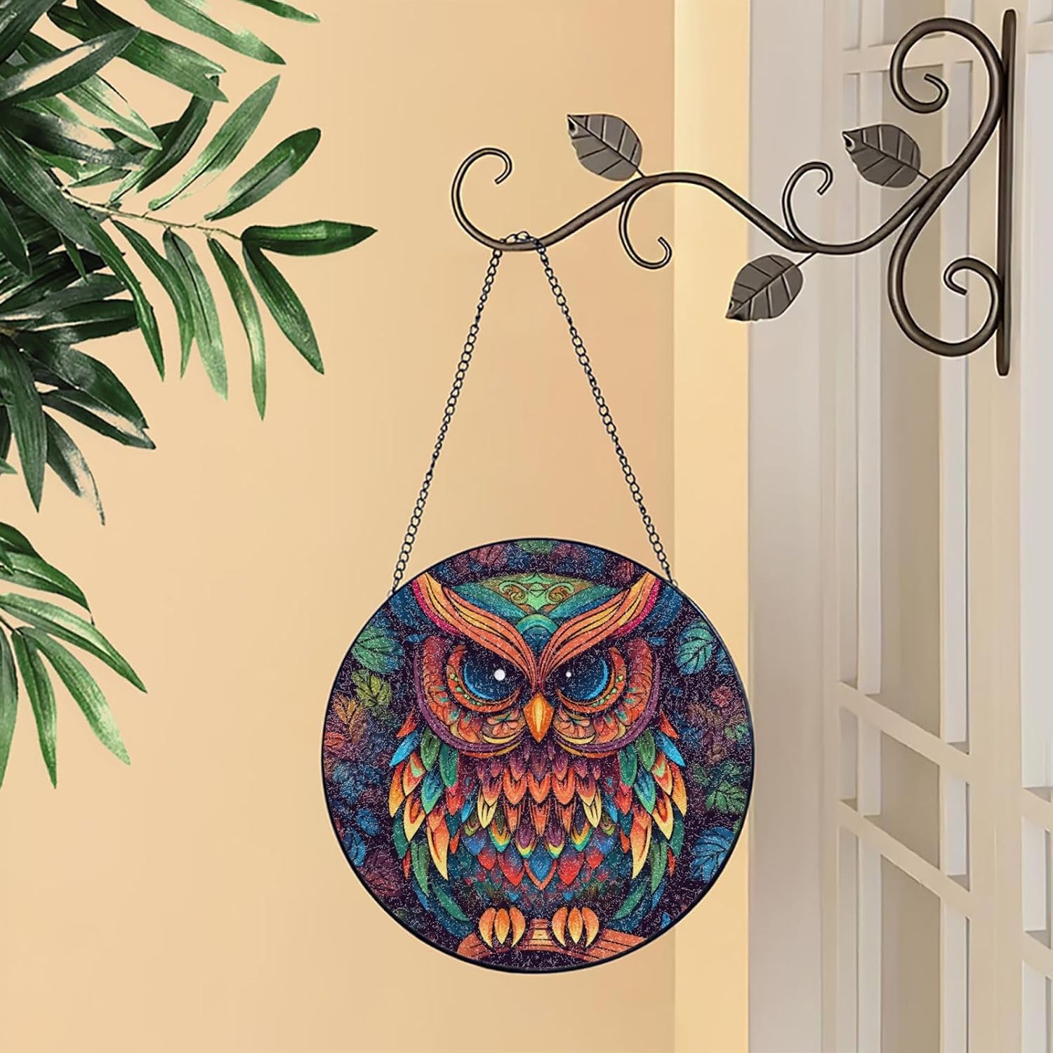 Stained Glass Window Hanging 6in（15cm）, Color owl Pattern Glass Suncatcher for Home Decor, Indoor Wall Art Glass Panel with Metal Chain and Hooks, Sun Catcher Ornament Birthday Gifts