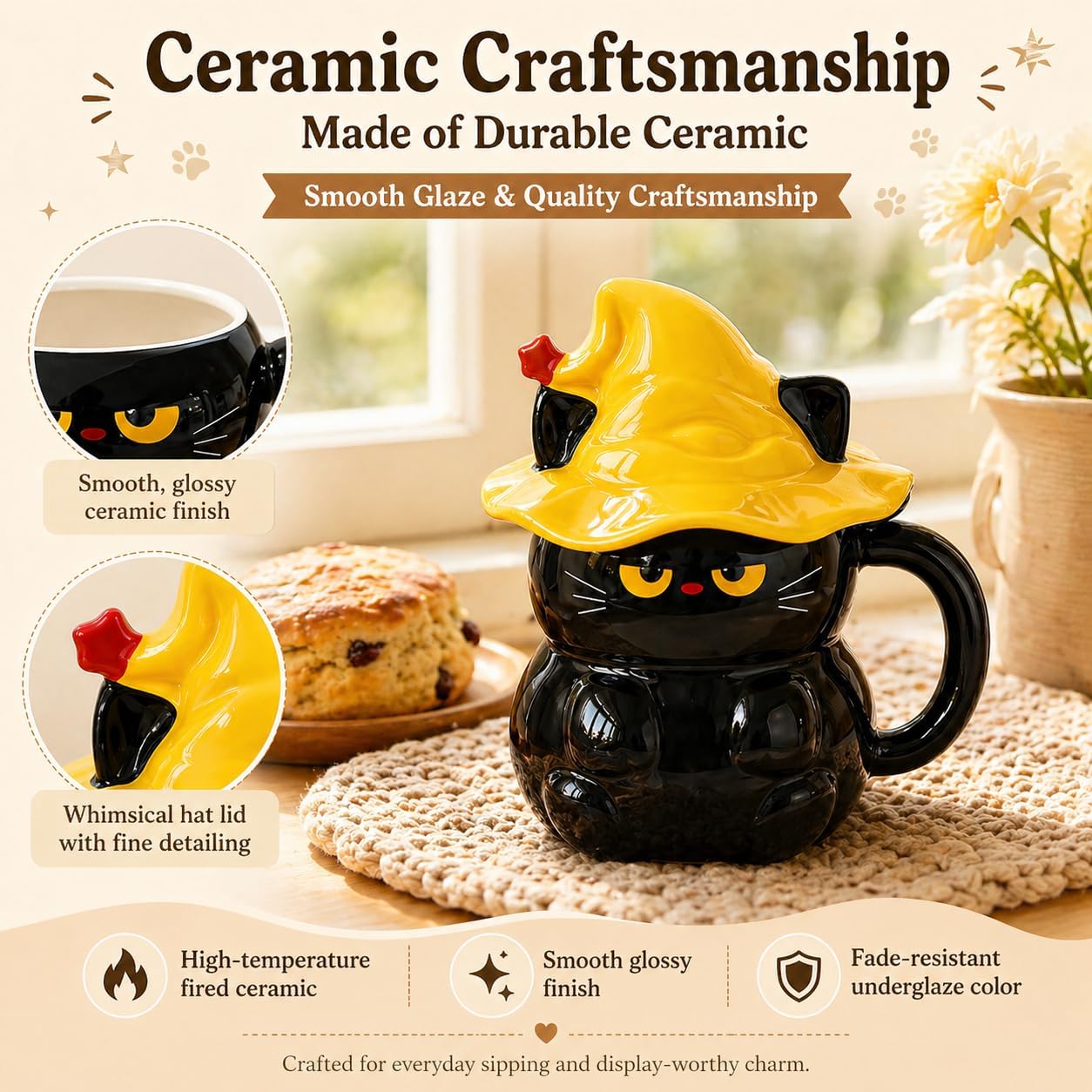 Black Cat Mug with Witch Hat Lid, 15oz(450ml) Microwave Safe Cute Coffee Mugs, Cat Coffee Mug for Cat Lovers, Novelty Funny Cat Mugs Coffee Cup with Cats image 4