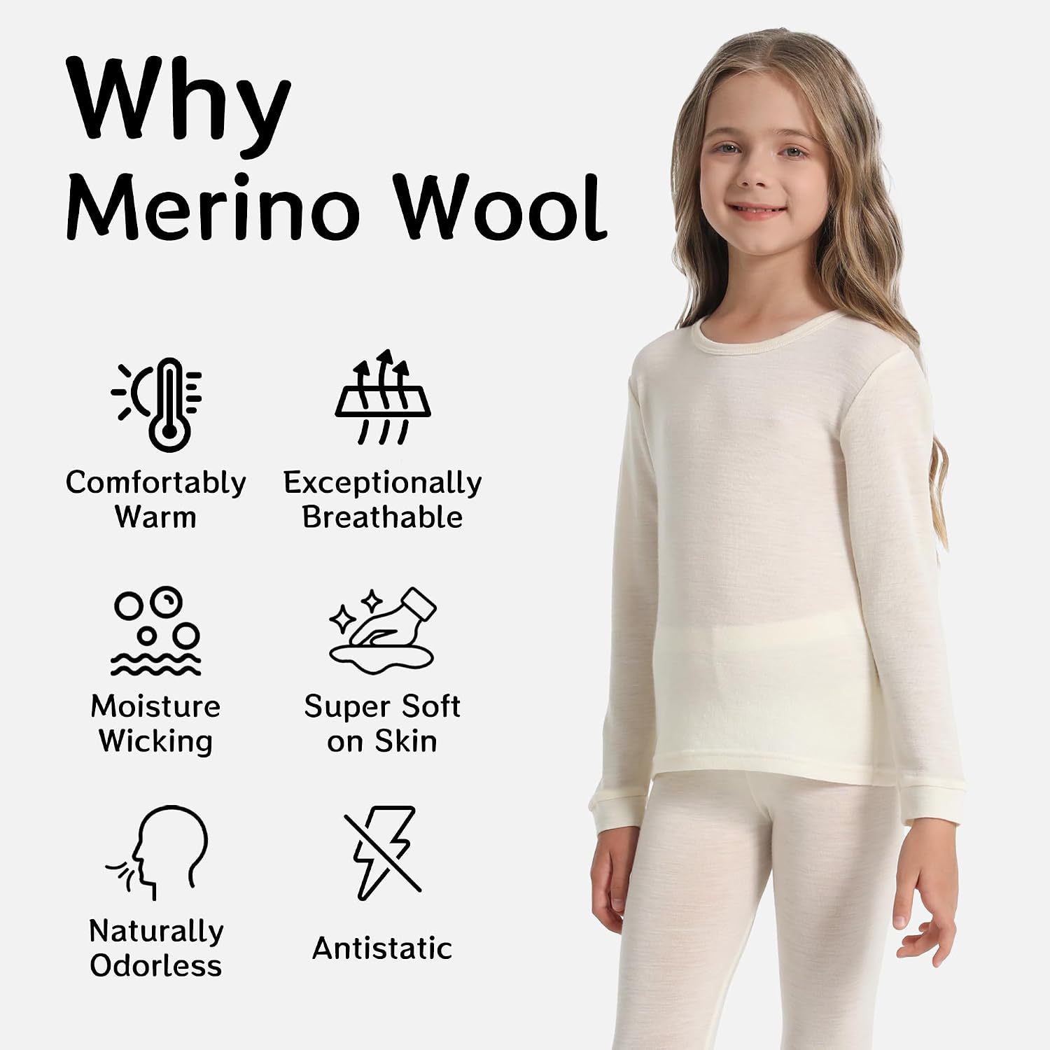 Kids 100% Merino Wool Thermal Base Layer Set, 210gsm
