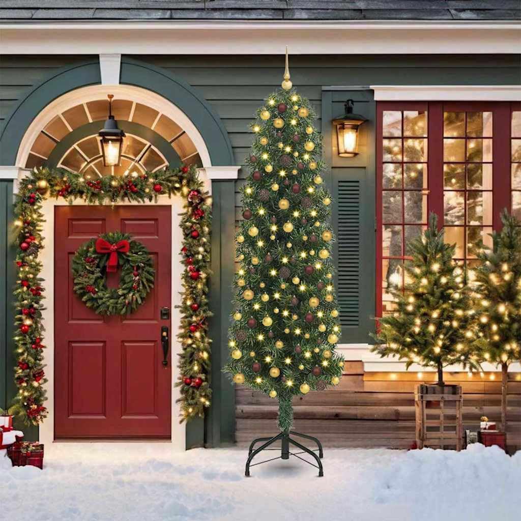 Albero di Natale artificiale, 210 cm, verde, con 300 LED a luce bianca calda, aghi in PVC, supporto in metallo, alimentato tramite USB, per interni ed esterni