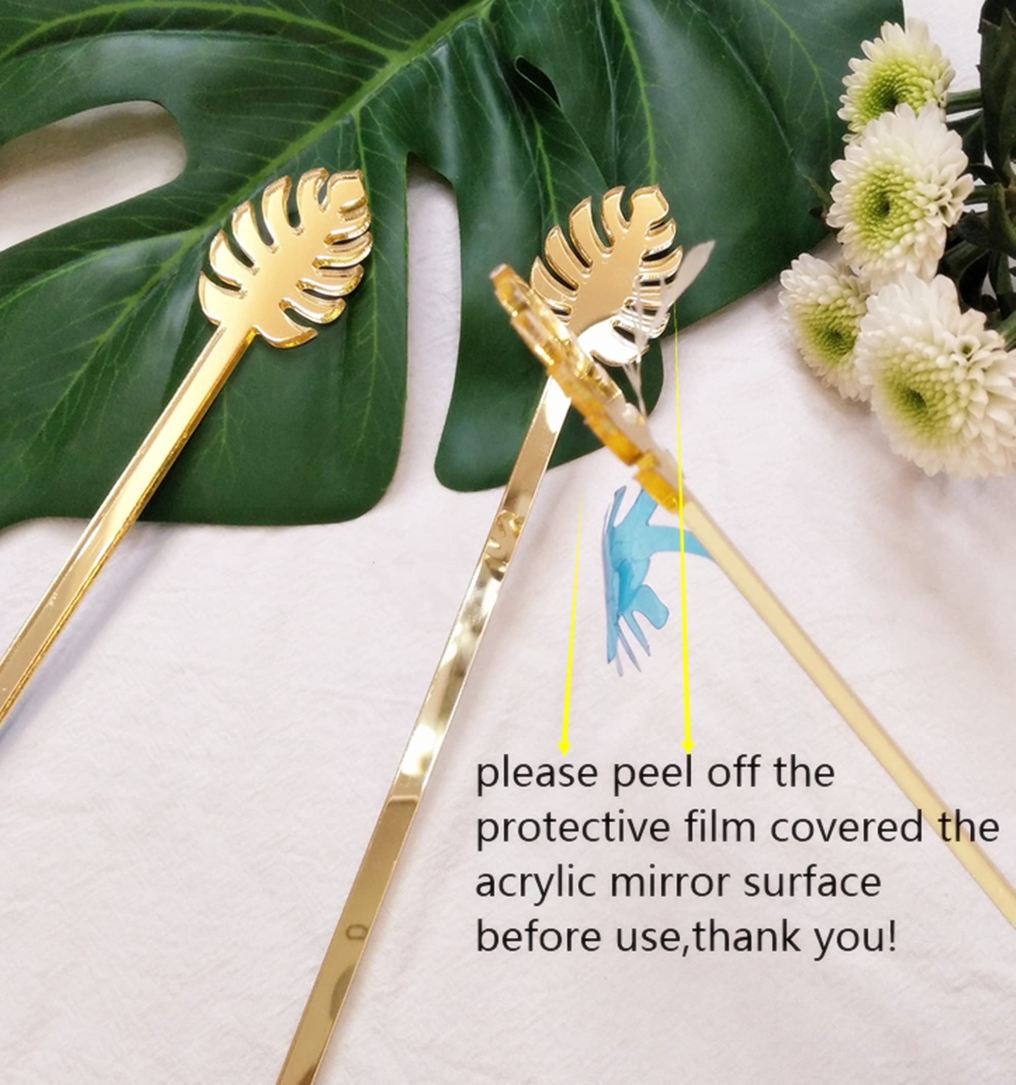 20PCS Monstera Leaf Stir Sticks, Acrylic Tropical Leaf Swizzle Sticks, Drink Stirrers, Laser Cut Wedding Decor Drink Stirrers Swizzle Sticks (Gold Mirror)