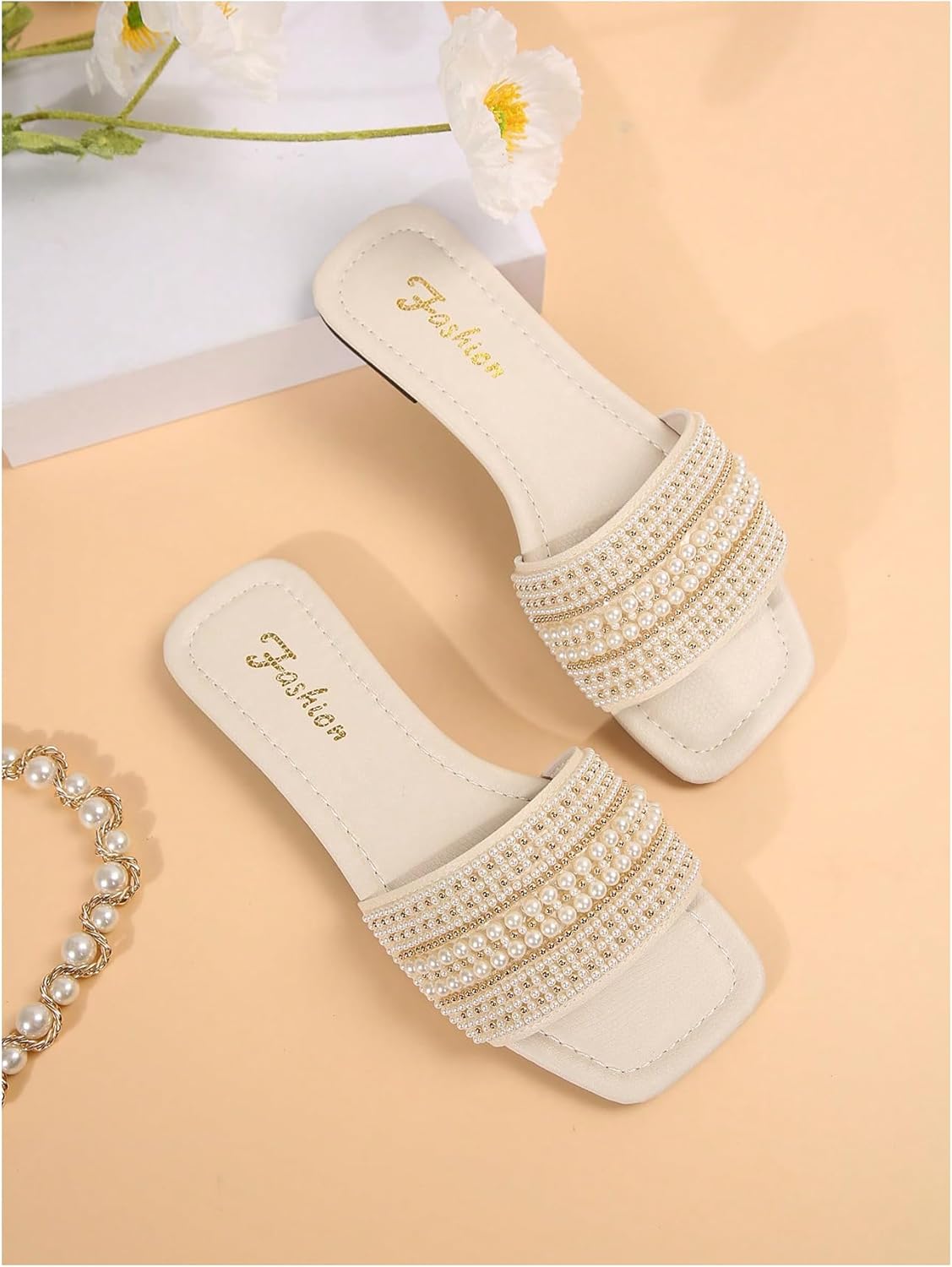GORGLITTER Women's Pearl Summer Beach Sandals Square Open Toe Slip On Flat Slides - Image 3