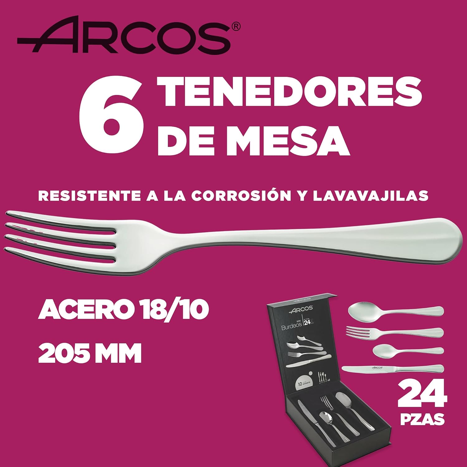 Arcos Series Burdeos-Gift Case Flatware Set 24 Knives 12 Spoons Plus 6 Forks -Monoblock of one Piece Stainless Steel Silver Colour, ands Plastic