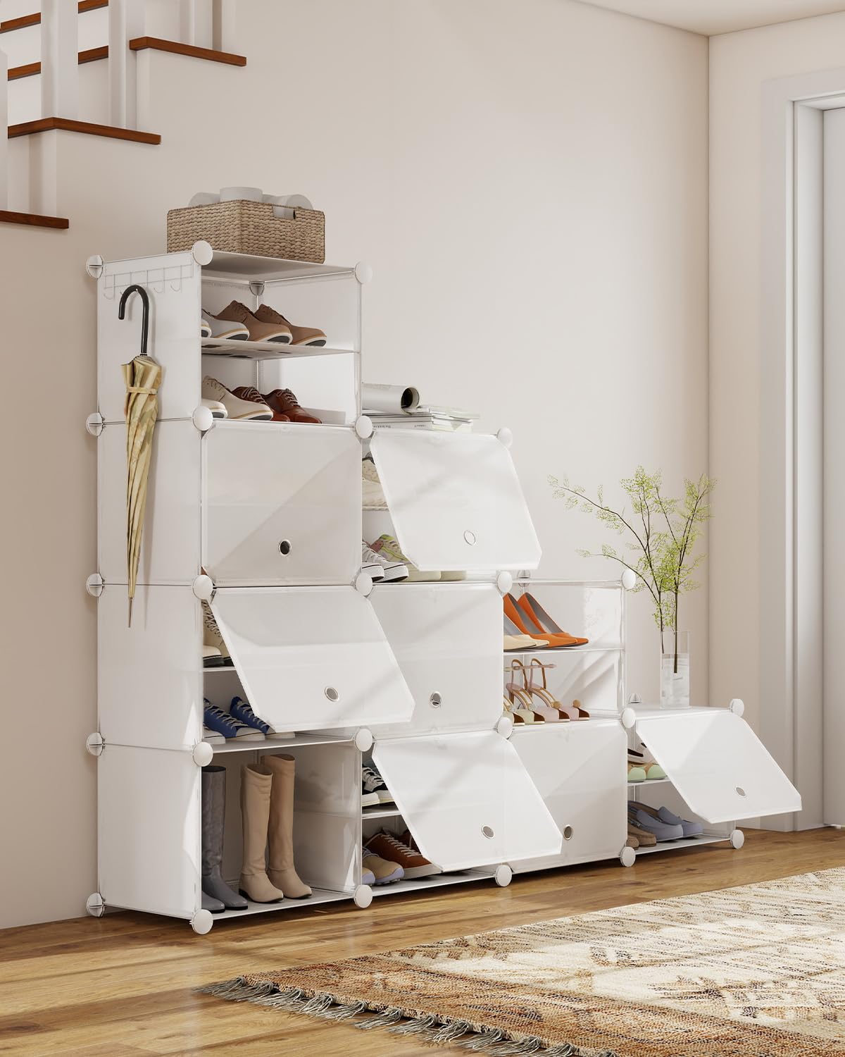 Sekey Armario Zapatero XXL 10 Compartimentos PP - Automonte con Martillo - Organizador Familiar Grande (84x31x152cm) - Almacenaje Máximo 40 Pares, Blanco