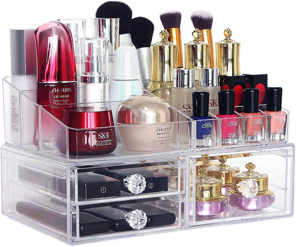 COOLBEAR Clear Makeup Organizer for Vanity, Large Make Up Stand with 3 Drawers for Cosmetics Skincare, Acrylic Cosmetic Storage Box Ideal for Bathroom Dresser Desk Counter top