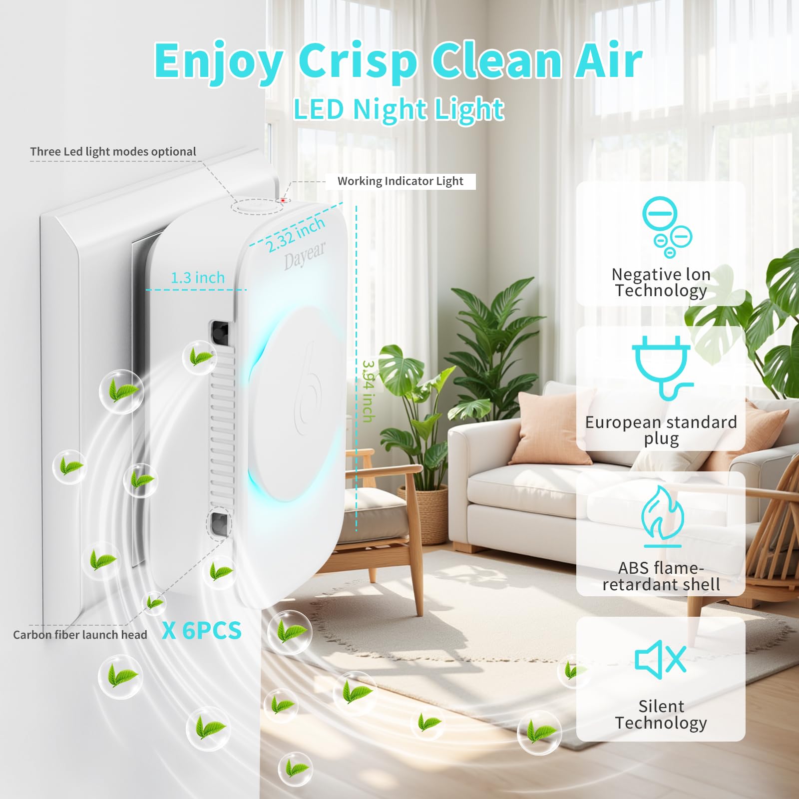 Purificatore d'Aria, Senza filtro ionizzatore d'aria, Purify Smell | 3Pcs Air Purifier per Casa,Camera da letto,bagni,Mini Depuratore aria per Fumatori,Animali,Polvere,17dB,3 Led Light Modes