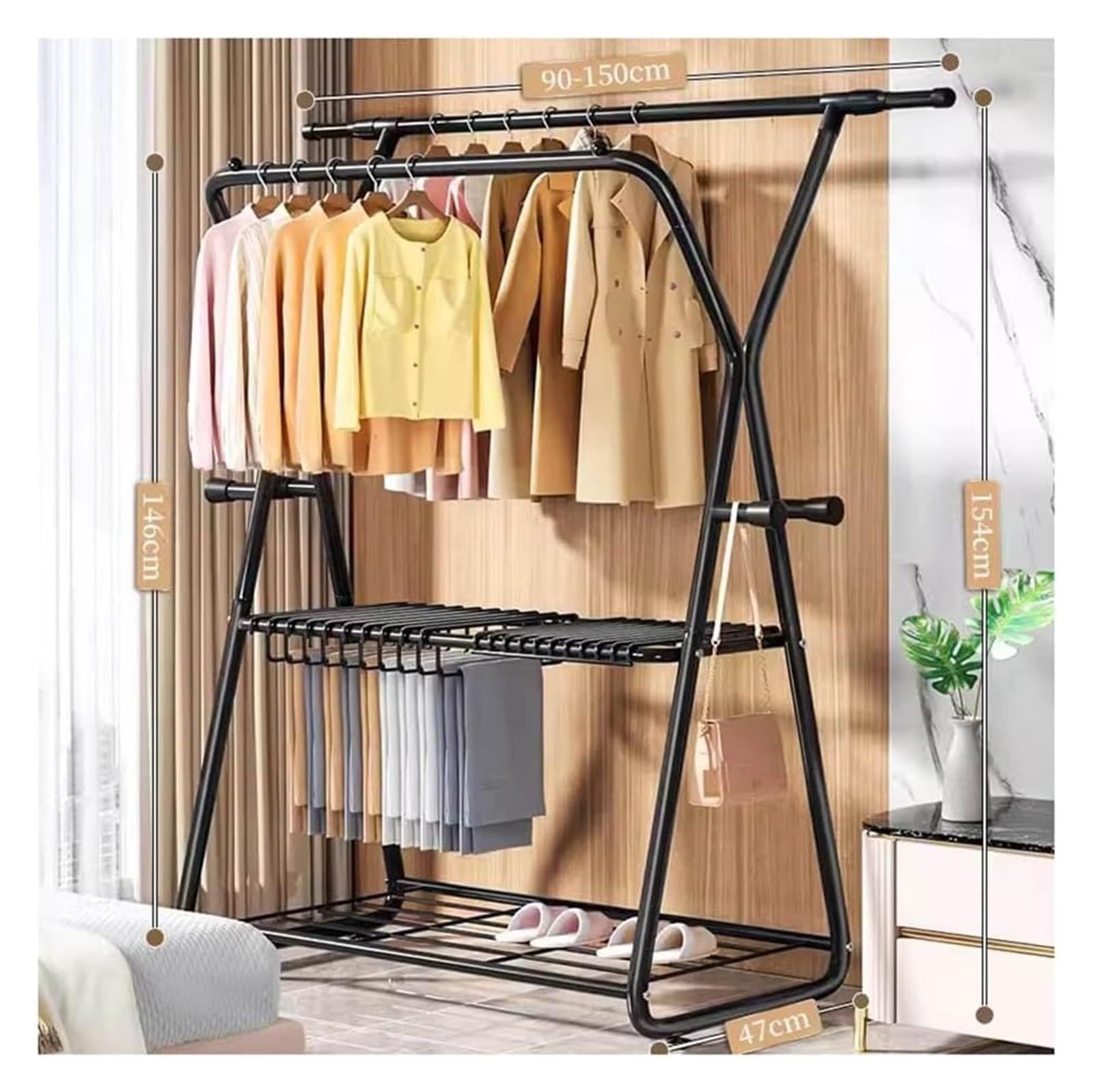 Portant à vêtements double tige solide porte-manteau multifonctionnel cintre rétractable