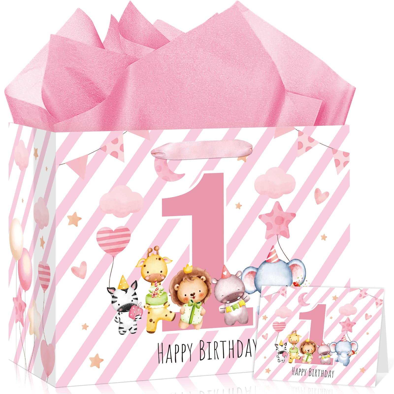 Baby Girl 1st Gift Bag with Wrapping Paper and Card Wild One Animal Bag