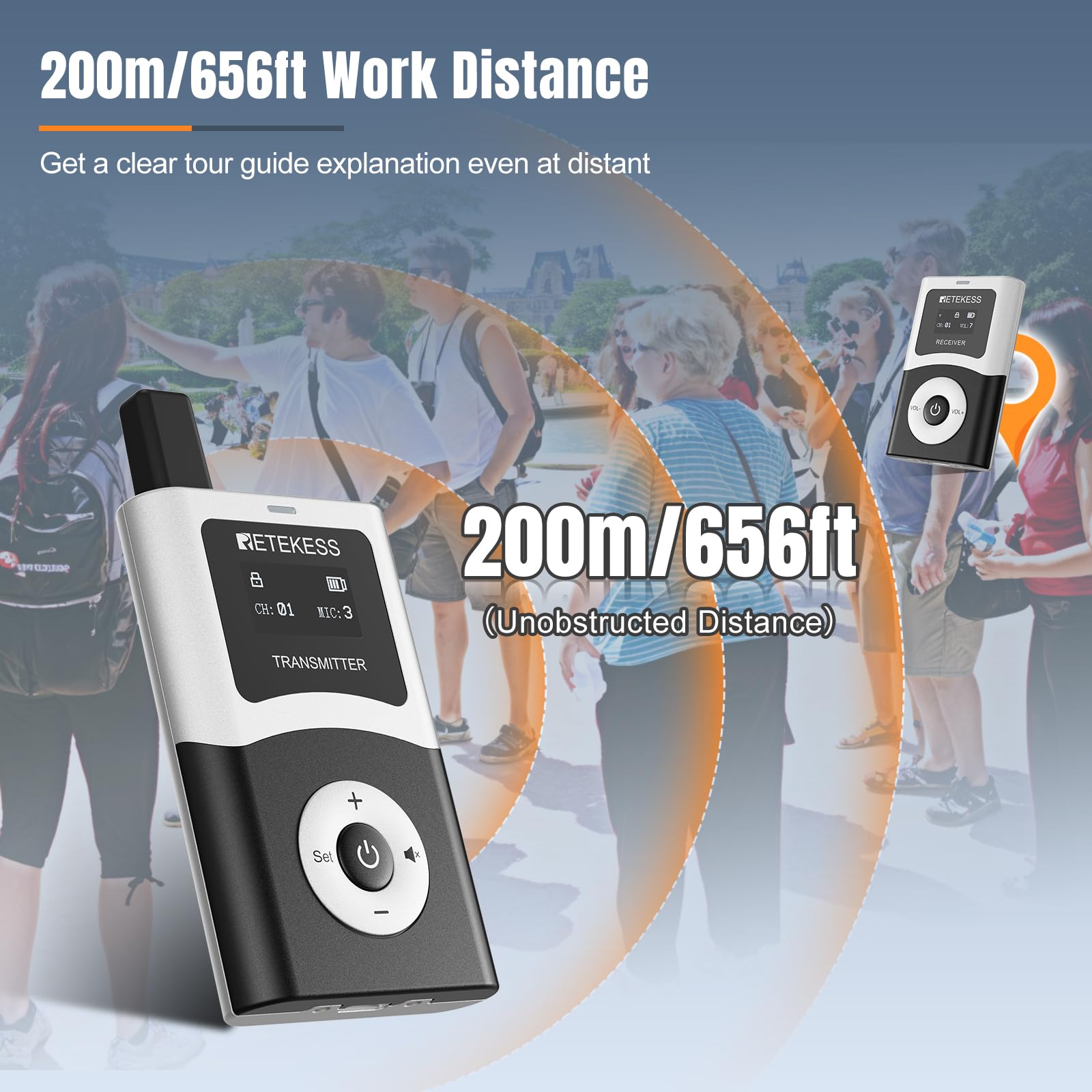 Retekess T130U - Sistema di guida turistica wireless, cuffie con auricolare universale da 3,5 mm per orecchio sinistro e destro, dispositivi di trasmissione audio per viaggi
